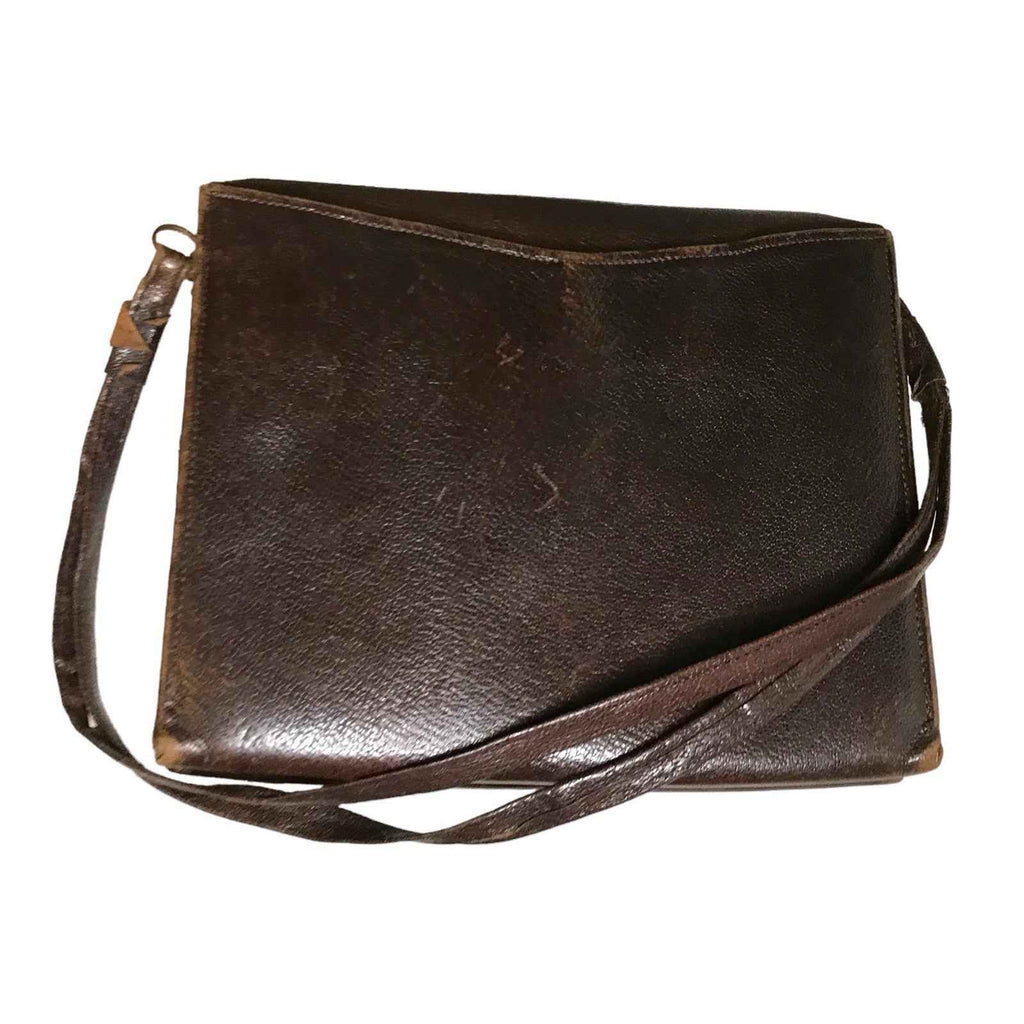 Vintage 1950s Brown Leather Shoulder Bag Brass Frame Purse Compartment