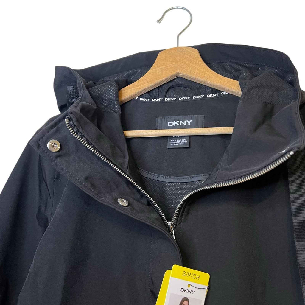 DKNY Women's Parka Coat, Black Hooded, Size S with Back Side Zip Slits BNWT