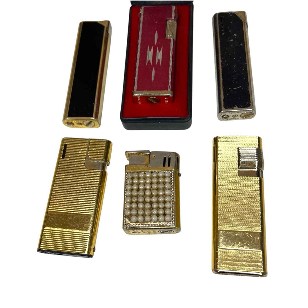 Bundle of 6 Vintage Kingsway Lighters – Gold Tone, Black, Red Ribbed – Flames