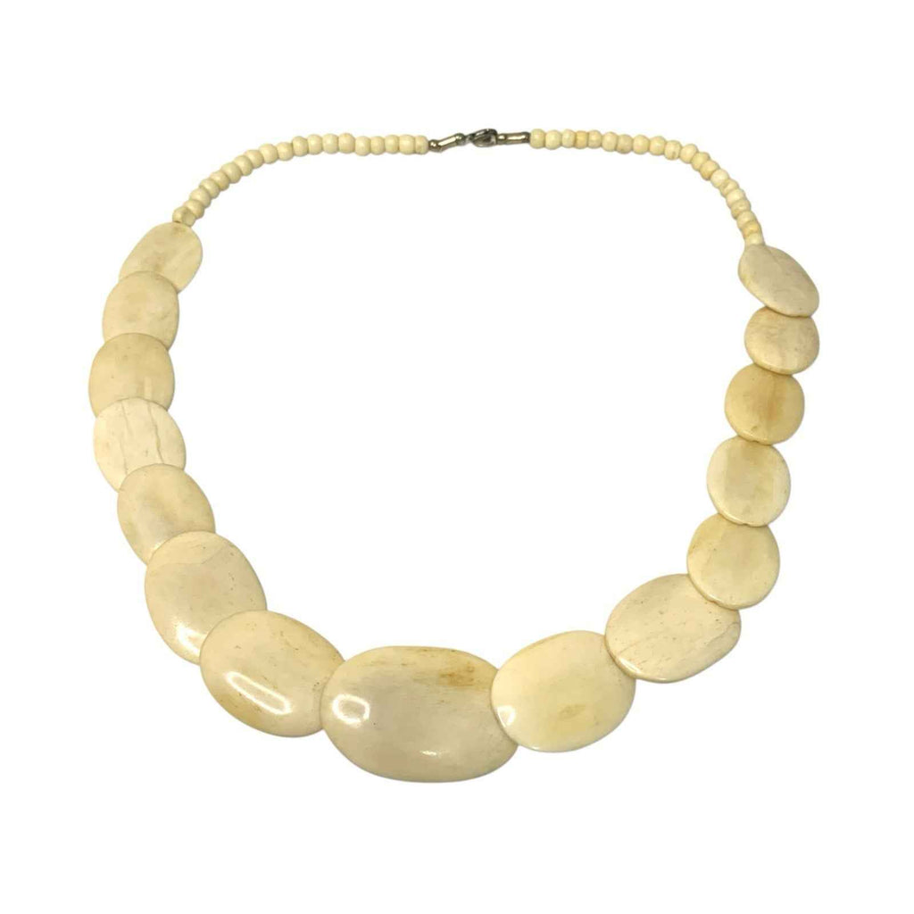 Vintage Carved Plate Bovine Bone Disc Bead White Necklace Oval Flat Beads