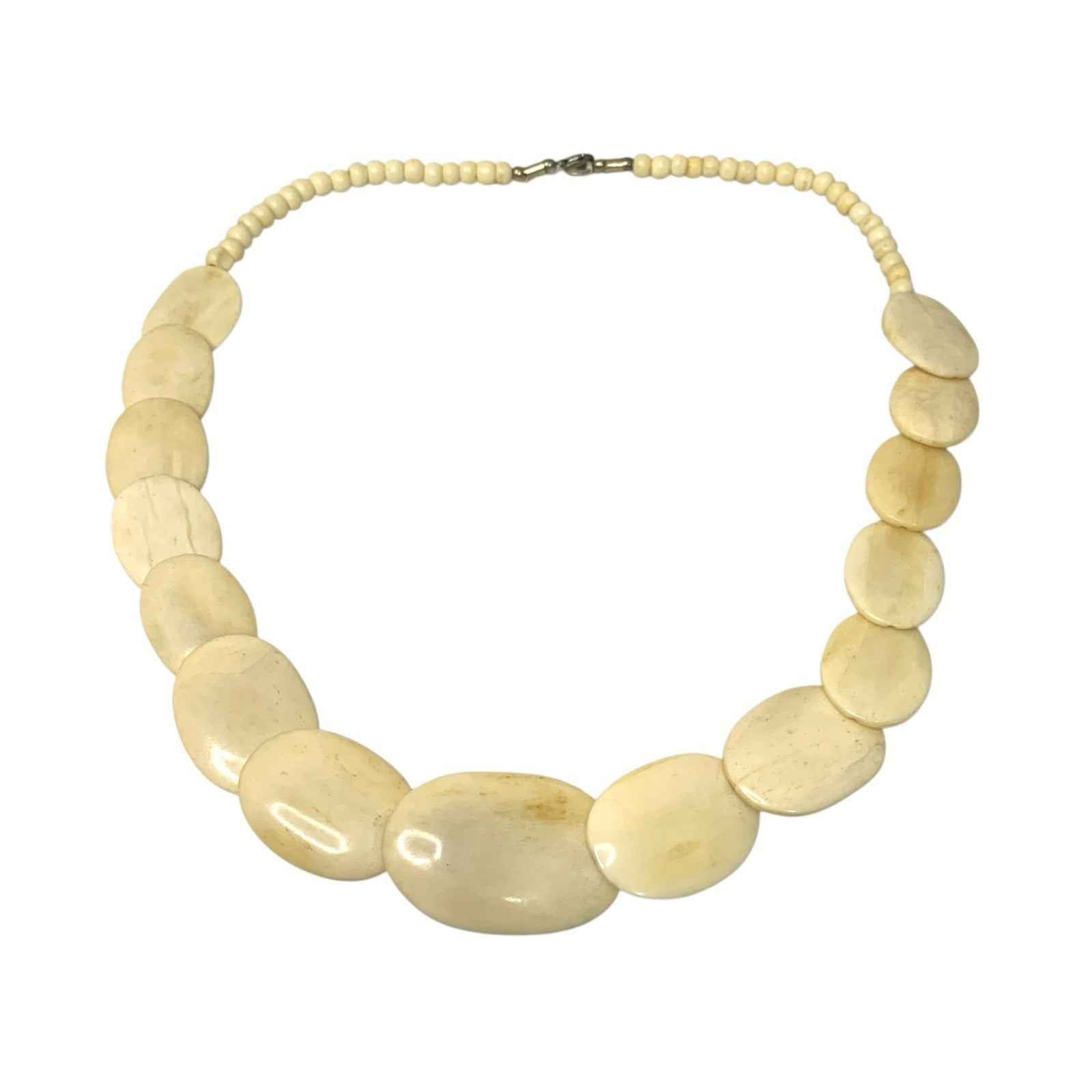 Vintage Carved Plate Bovine Bone Disc Bead White Necklace Oval Flat Beads