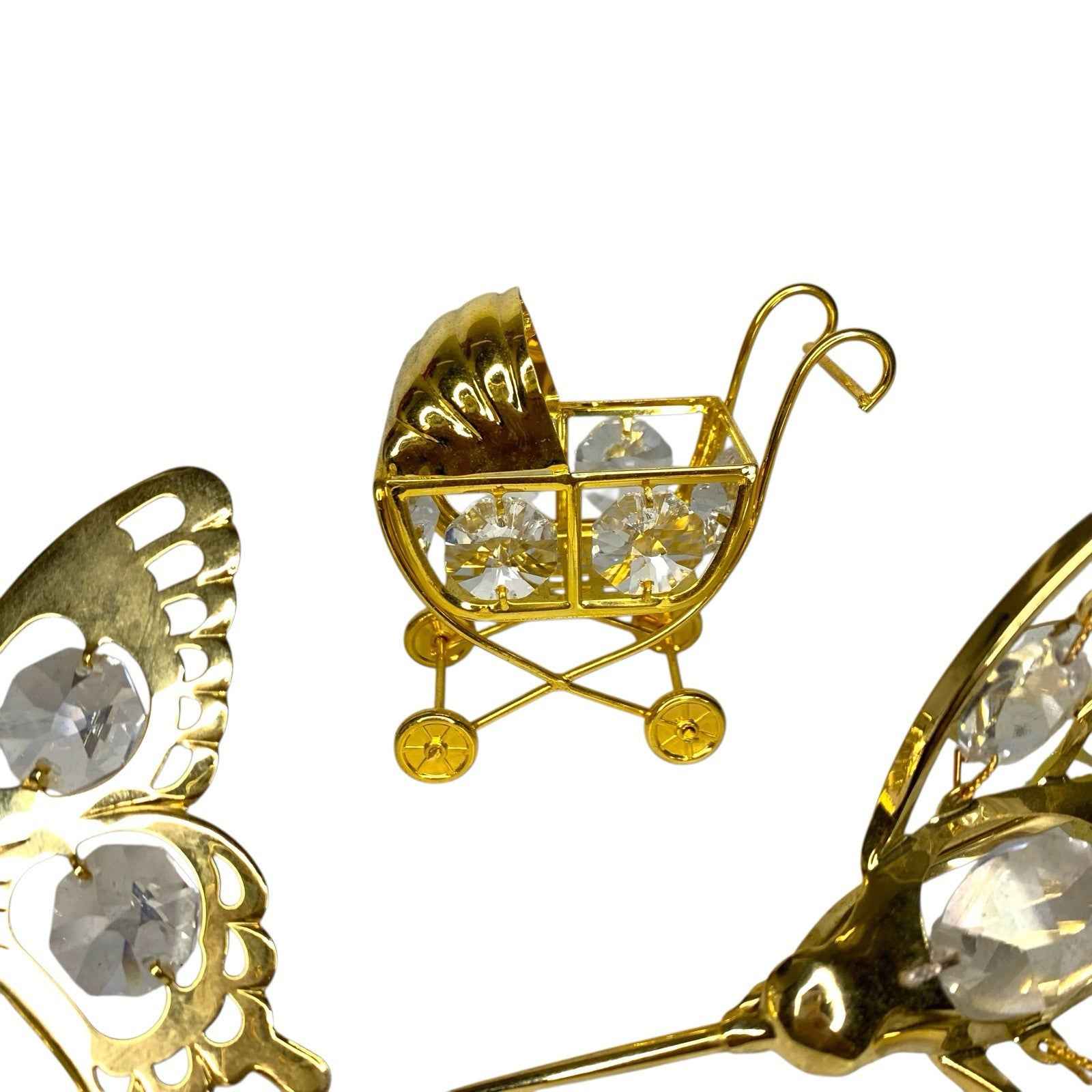 Bundle 3x Swarovski Crystal Gold Plated Ornaments Butterfly Hummingbird Pram