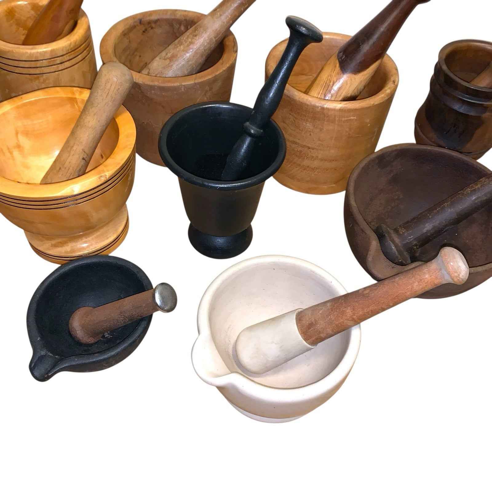 Bundle of 10 Mortar & Pestle Sets Wooden Cast Iron Ceramic Mixed Sizes Heavy Lot
