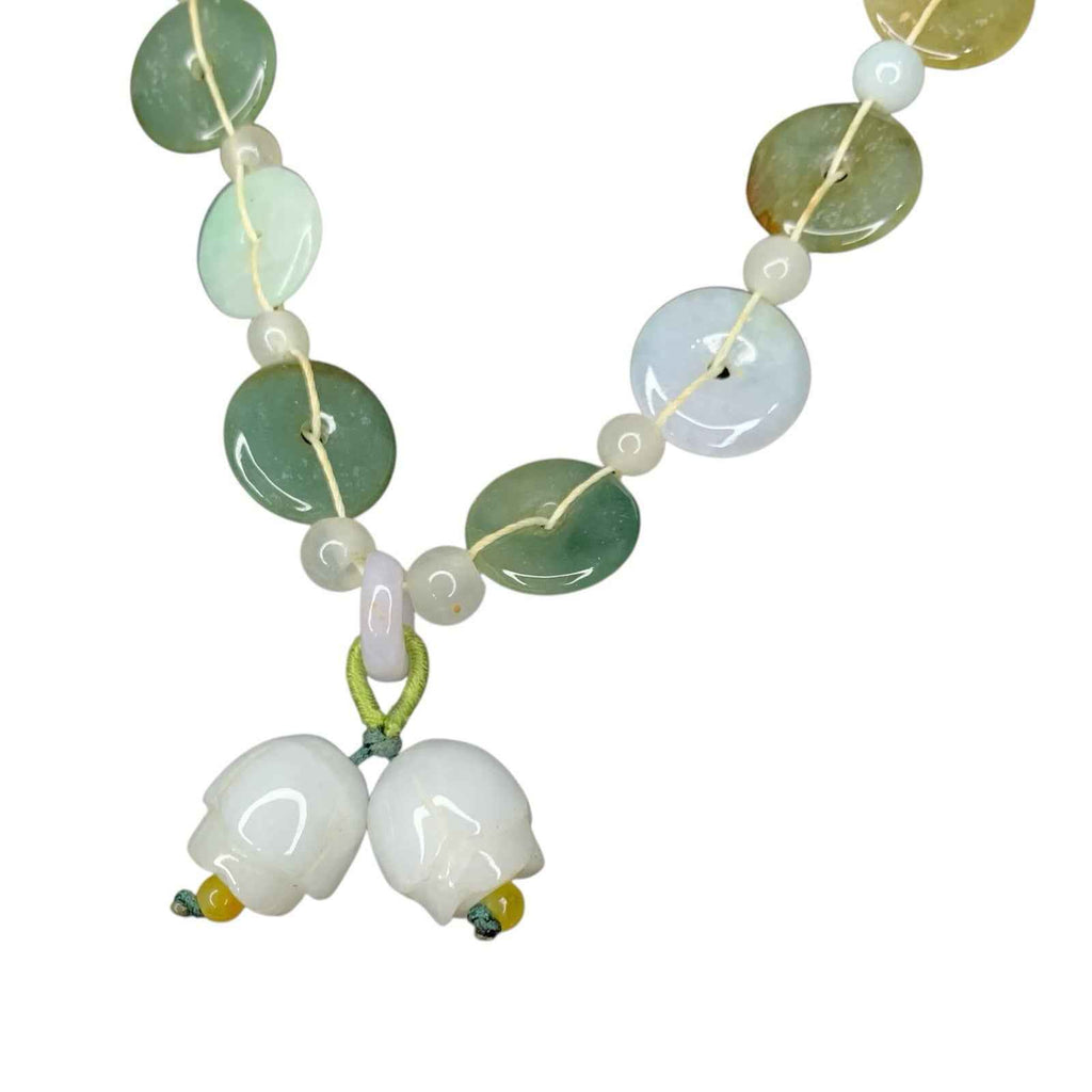 Vintage Handmade Light Green Glass Bead Necklace Round & Floral Beads Jade Style