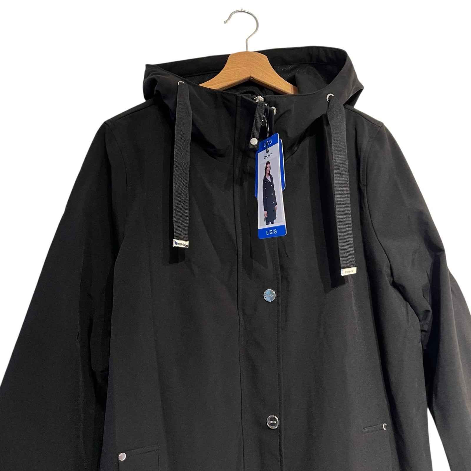 DKNY Women's Parka Coat, Black Hooded, Size L with Back Side Zip Slits BNWT