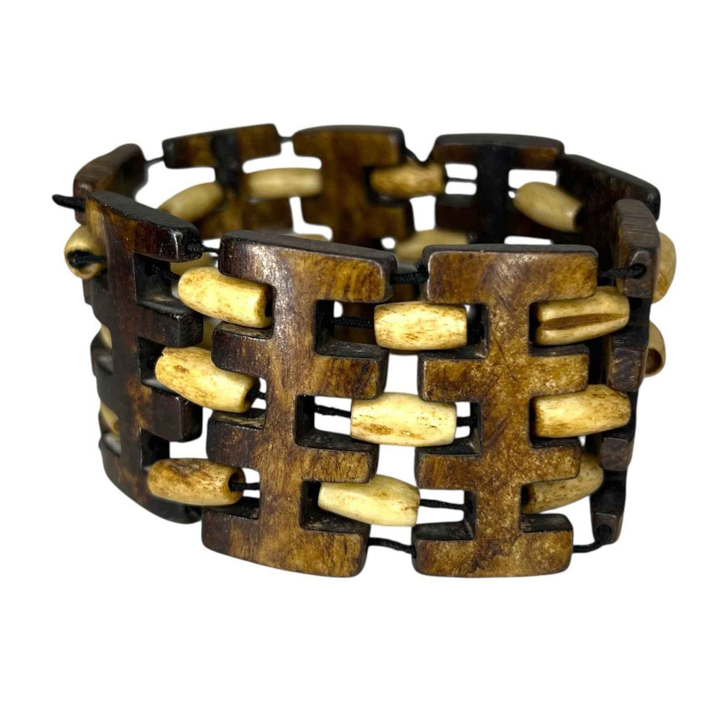 2x African Tribal Batik Yak Bone Statement Stretch Bracelets Wood Detail