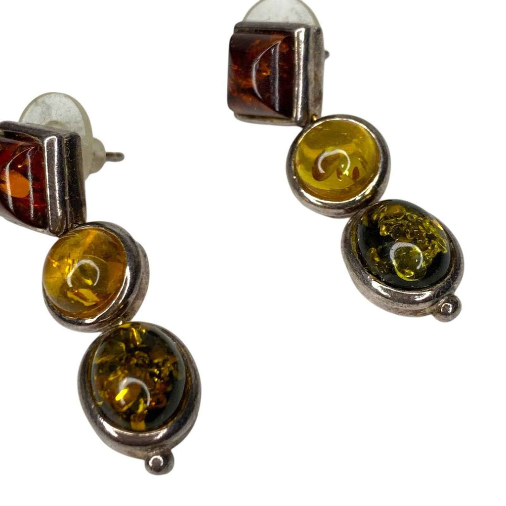 Vintage Sterling Silver Baltic Amber Earrings Tri Colour Drop Green Honey Cognac