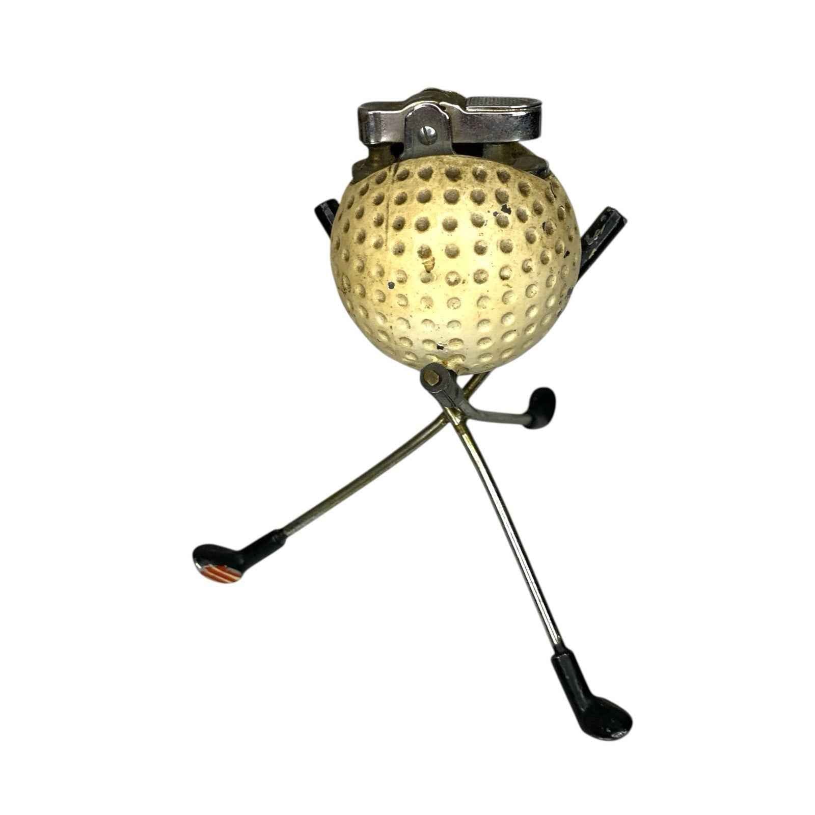 Vintage Golf Theme Table Lighter Cast Metal Golf Ball with Clubs Rare 1960s