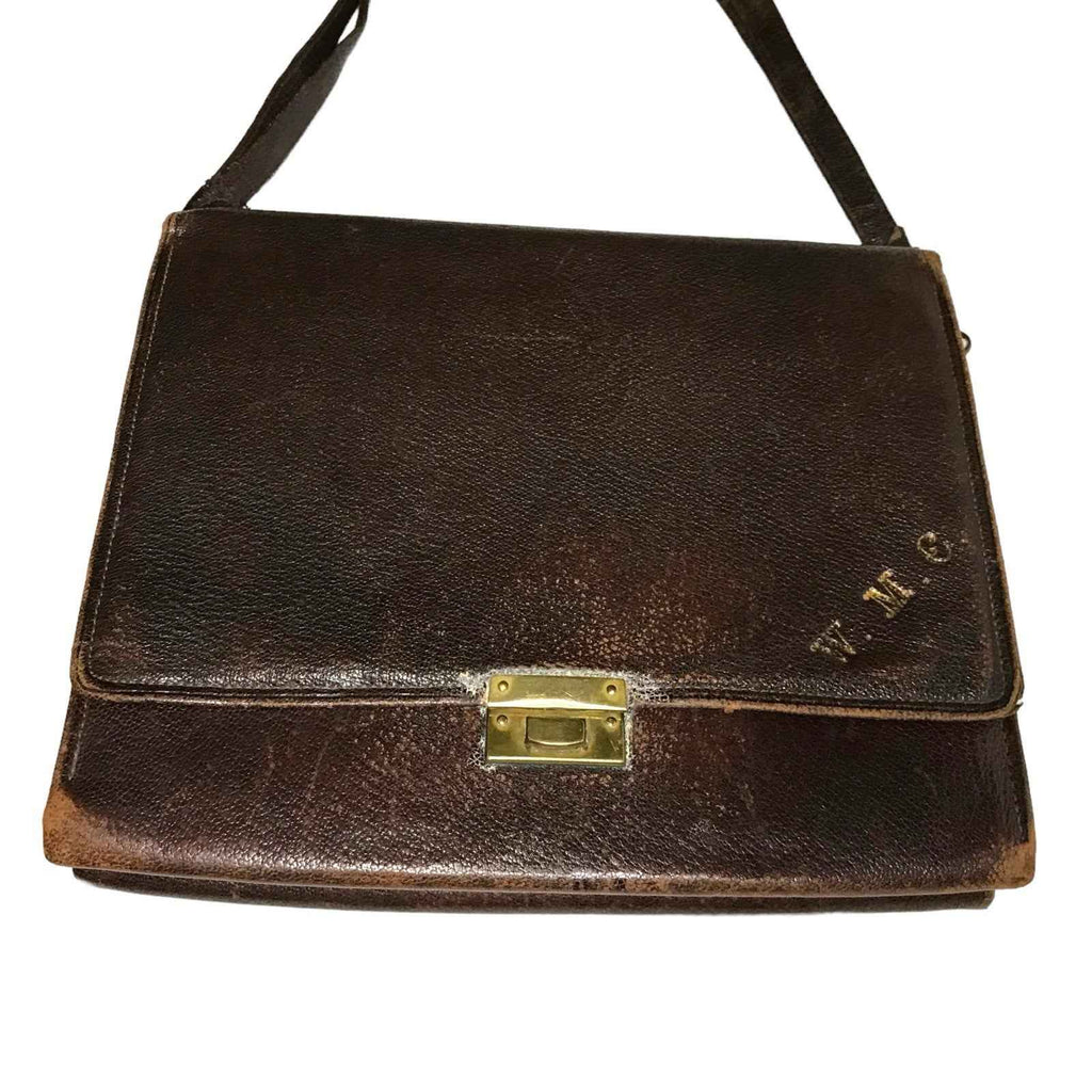 Vintage 1950s Brown Leather Shoulder Bag Brass Frame Purse Compartment