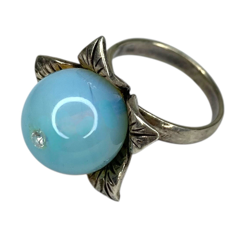 925 Silver Floral Ring Blue Chalcedony Cabochon Vintage UK Diamond by TheVoyageBird