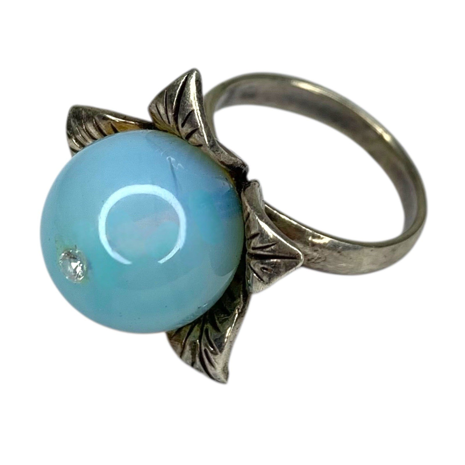 925 Silver Floral Ring Blue Chalcedony Cabochon Vintage UK Diamond by TheVoyageBird