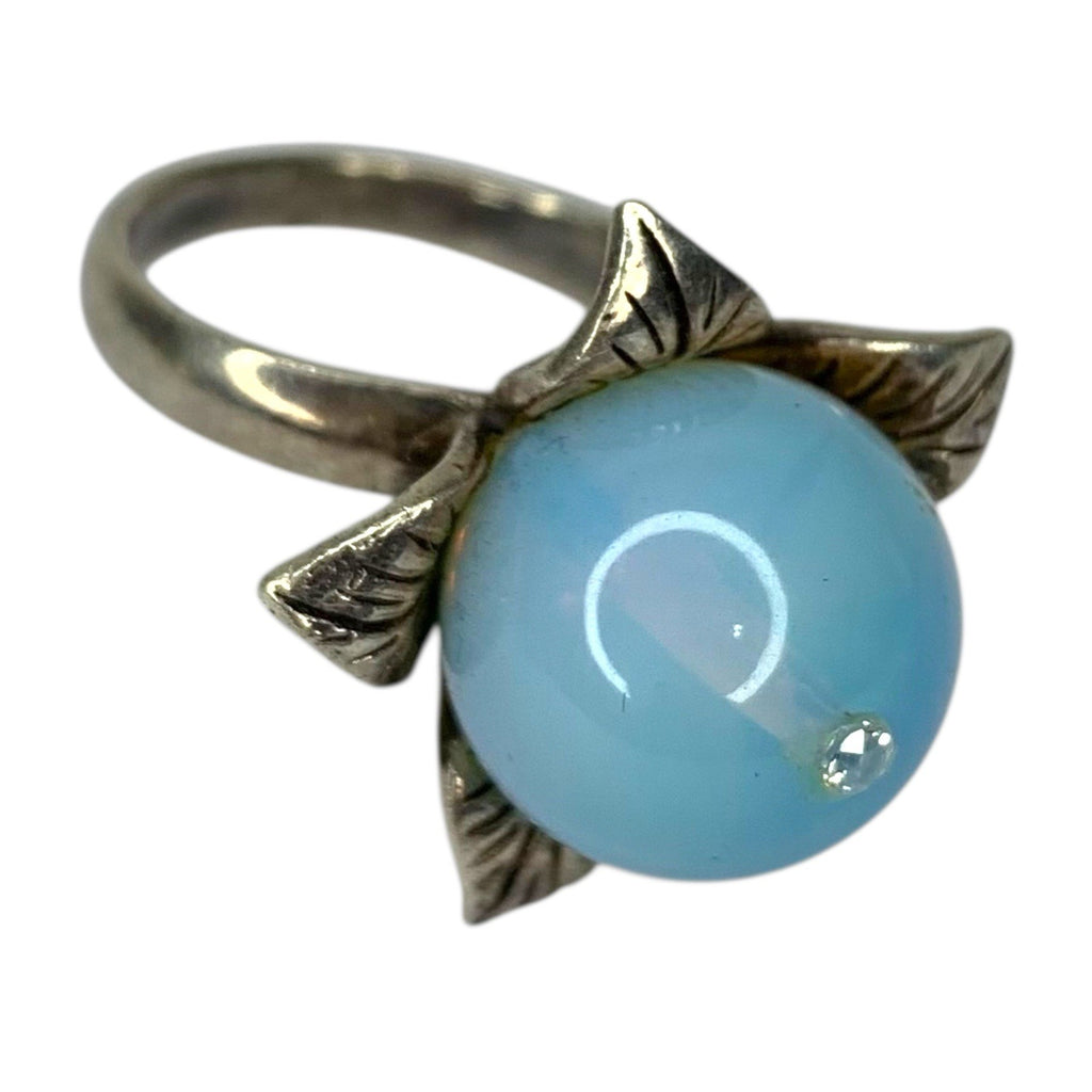 925 Silver Floral Ring Blue Chalcedony Cabochon Vintage UK Diamond by TheVoyageBird