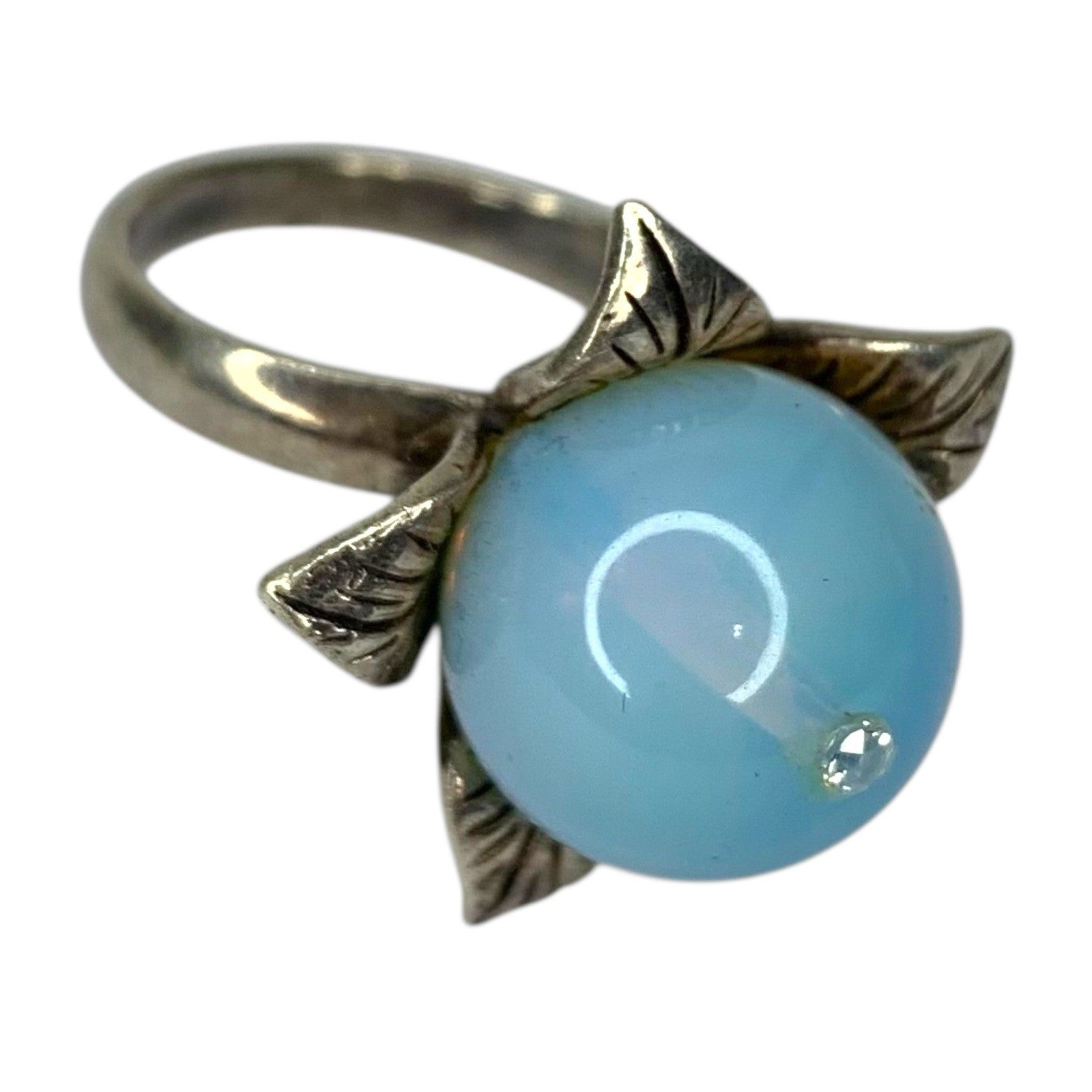 925 Silver Floral Ring Blue Chalcedony Cabochon Vintage UK Diamond by TheVoyageBird