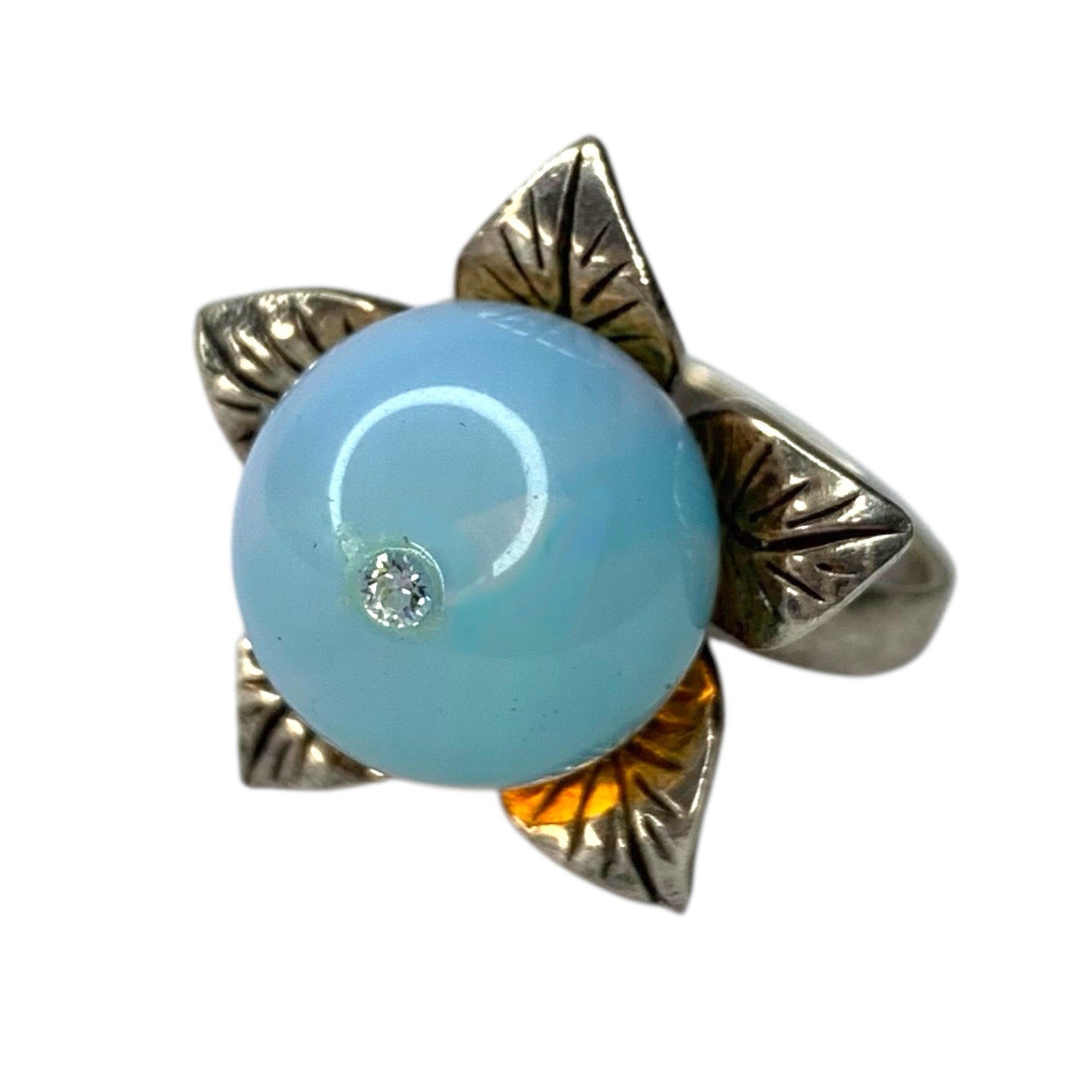 925 Silver Floral Ring Blue Chalcedony Cabochon Vintage UK Diamond by TheVoyageBird