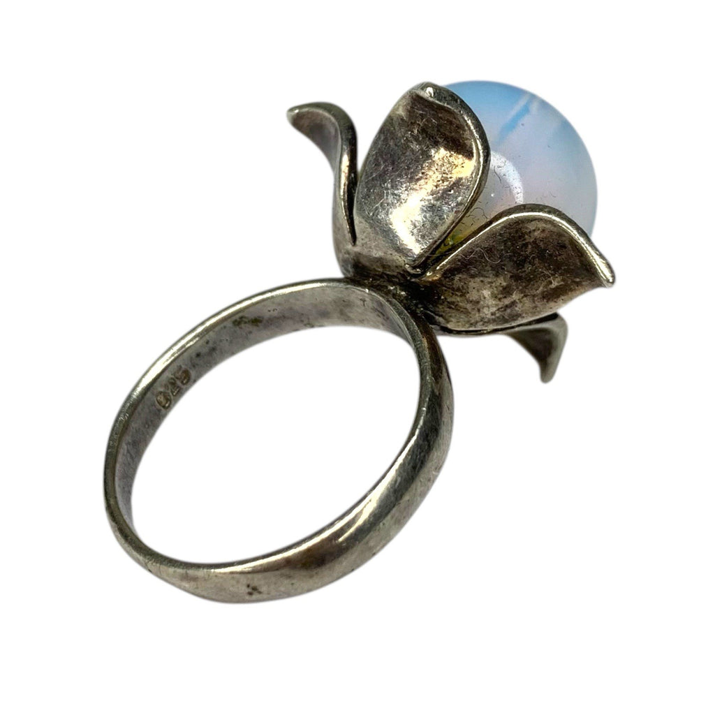 925 Silver Floral Ring Blue Chalcedony Cabochon Vintage UK Diamond by TheVoyageBird