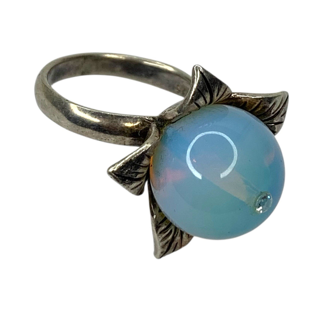 925 Silver Floral Ring Blue Chalcedony Cabochon Vintage UK Diamond by TheVoyageBird