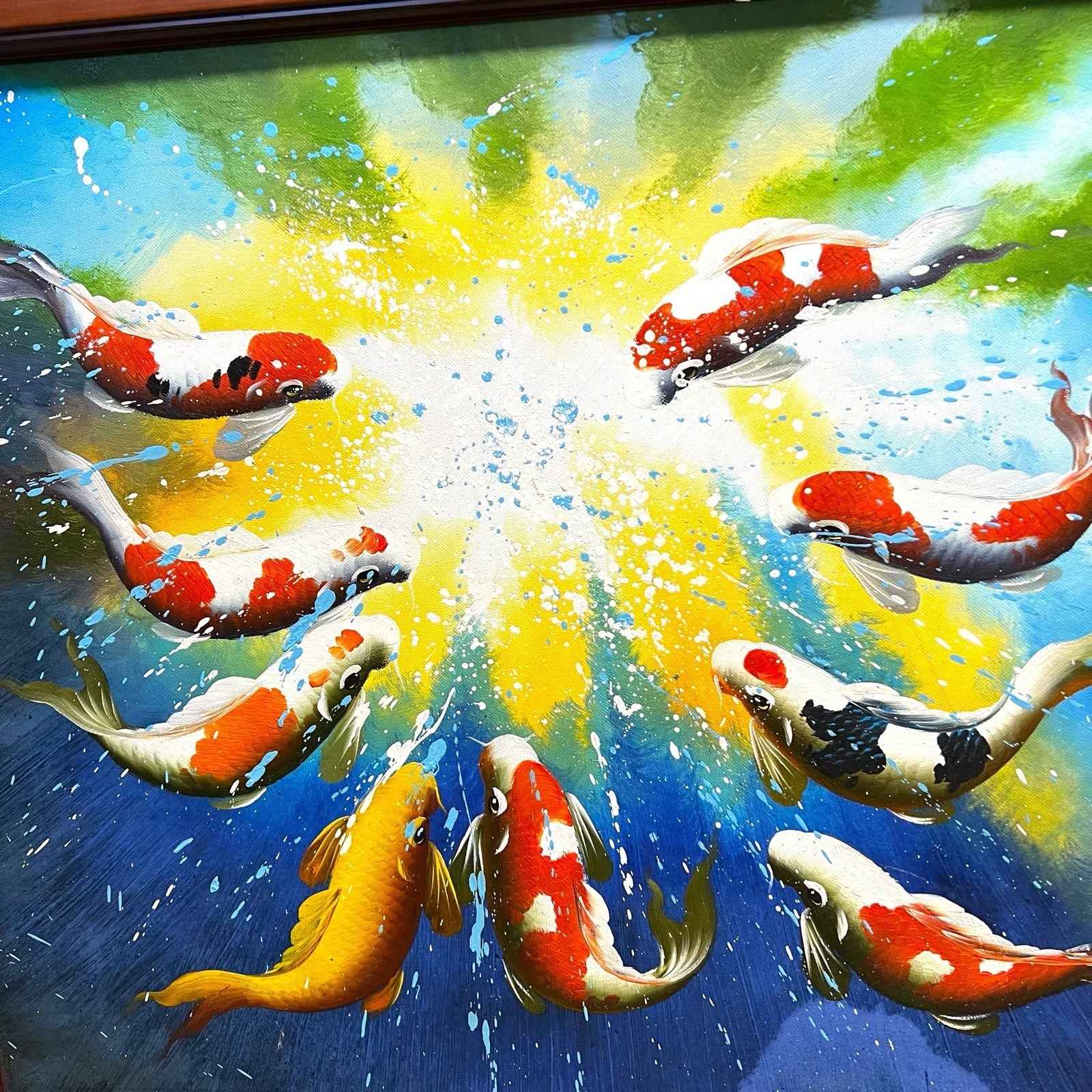 Large Original Vibrant Koi Fish Painting Signed Feng Shui Symbolism For Luck