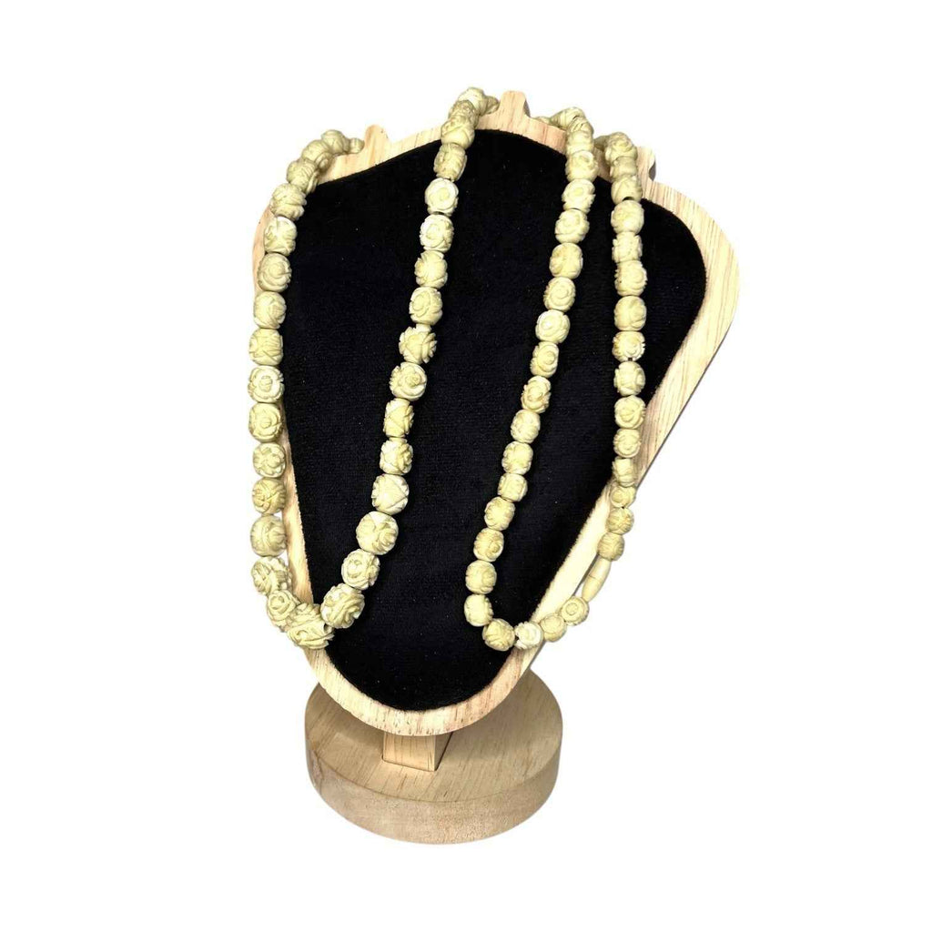 Vintage Floral Carved Bovine Bone Necklace Long Flower Bead Ethnic