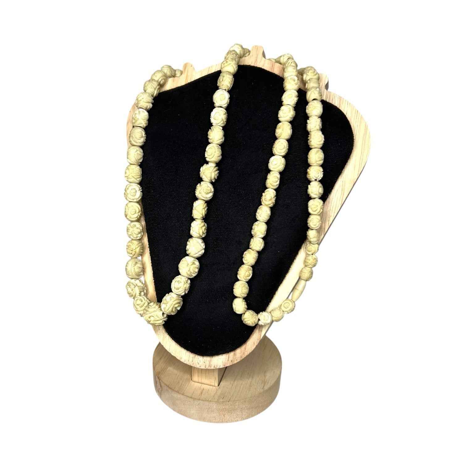 Vintage Floral Carved Bovine Bone Necklace Long Flower Bead Ethnic