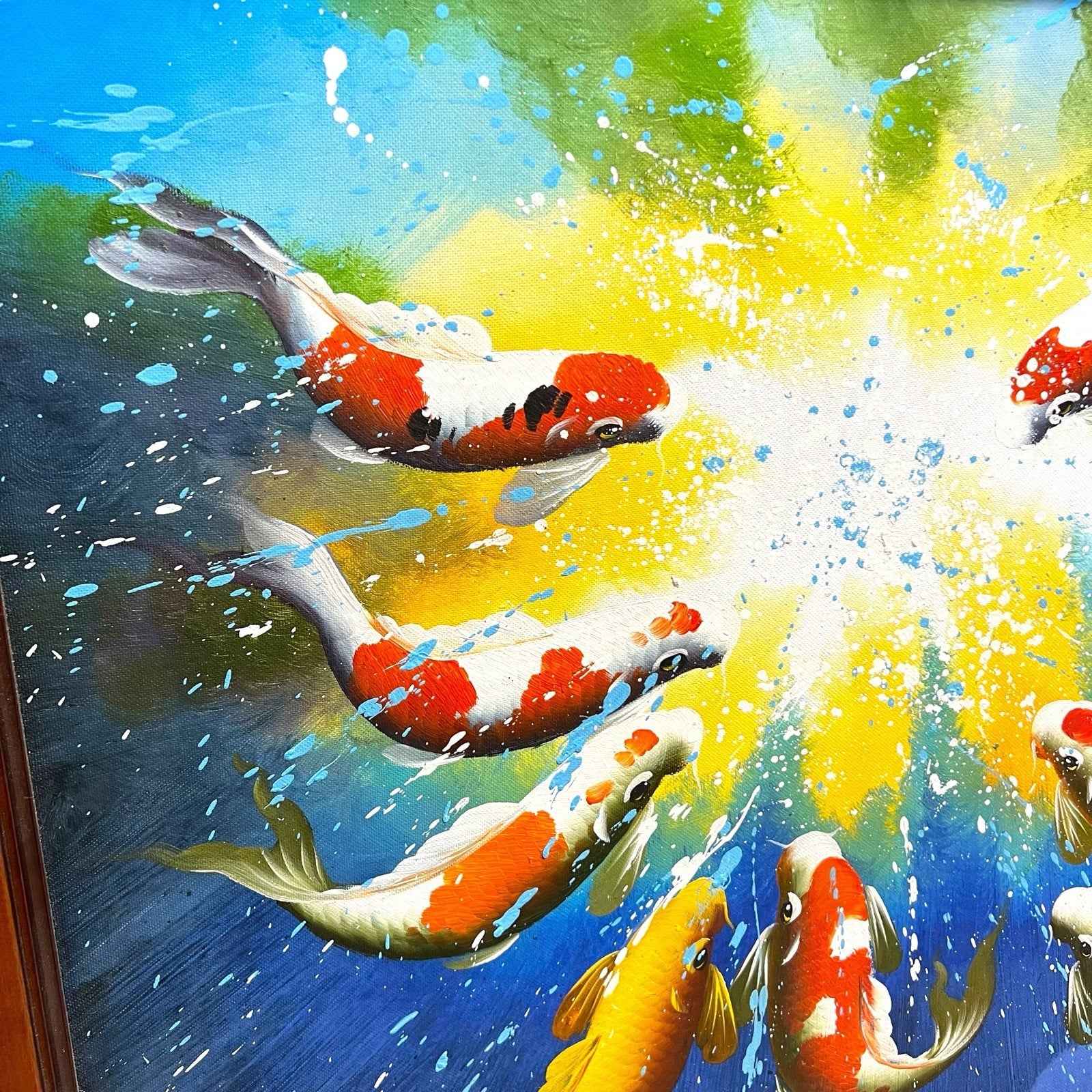 Large Original Vibrant Koi Fish Painting Signed Feng Shui Symbolism For Luck
