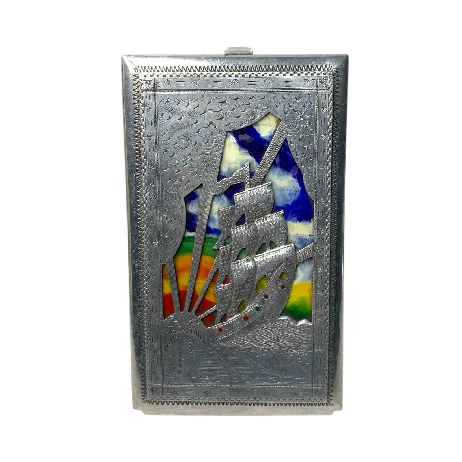 WW2 Trench Art Aluminium Cigarette Case Mosque & Ship Egypt N. Africa c.1943 –47