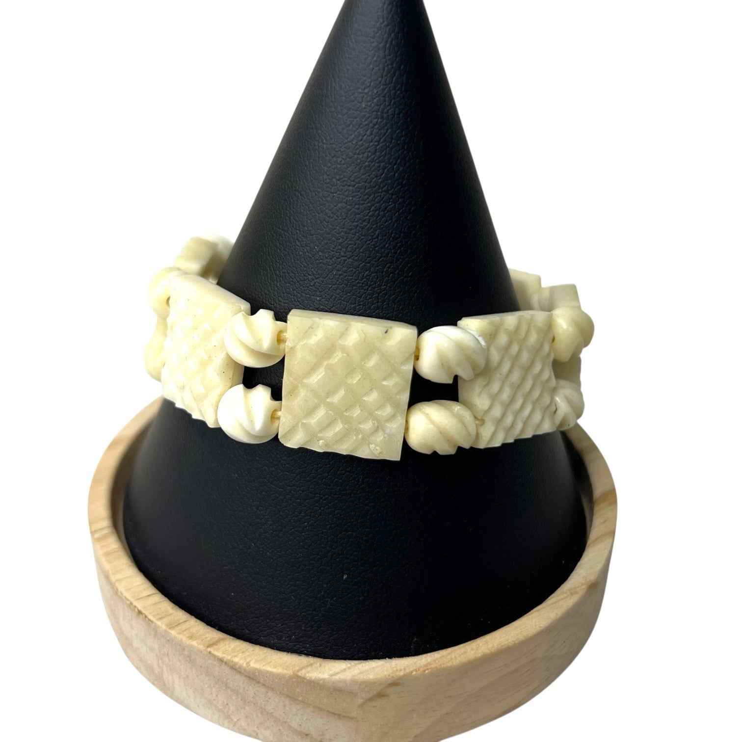 Vintage Carved Bovine Bone Bracelet Tiled Beads Screw Clasp