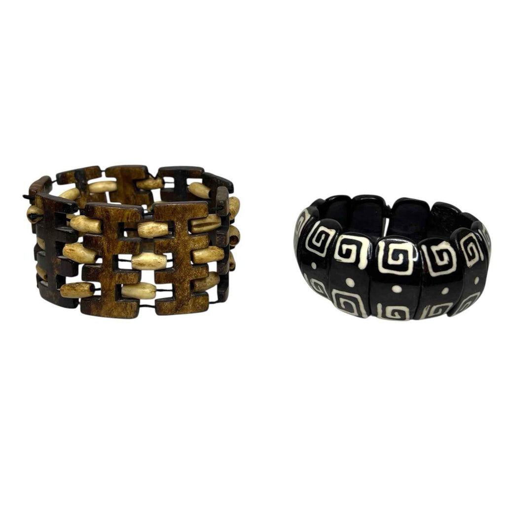 2x African Tribal Batik Yak Bone Statement Stretch Bracelets Wood Detail