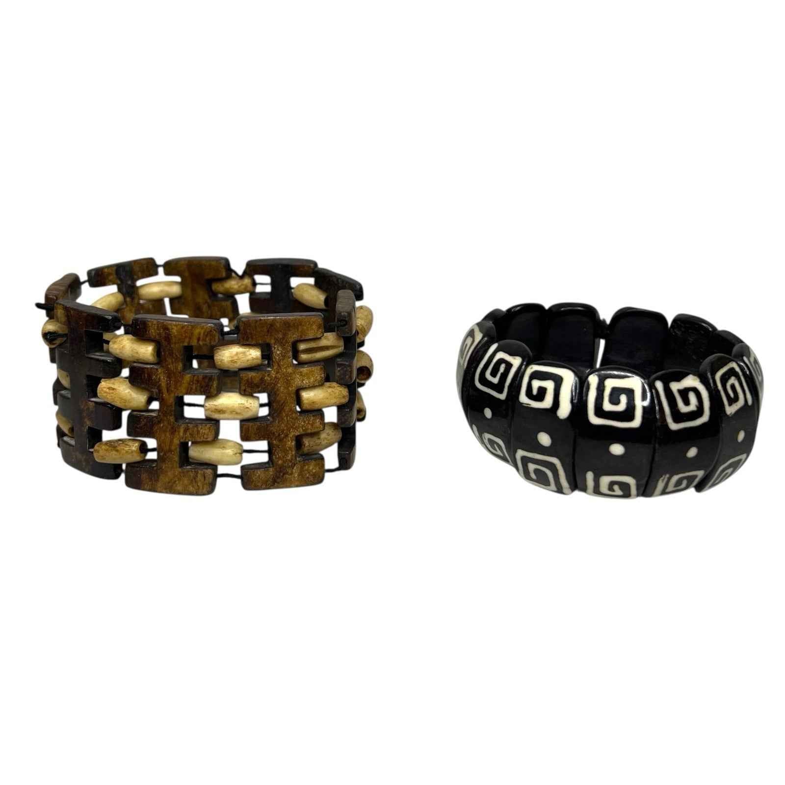 2x African Tribal Batik Yak Bone Statement Stretch Bracelets Wood Detail