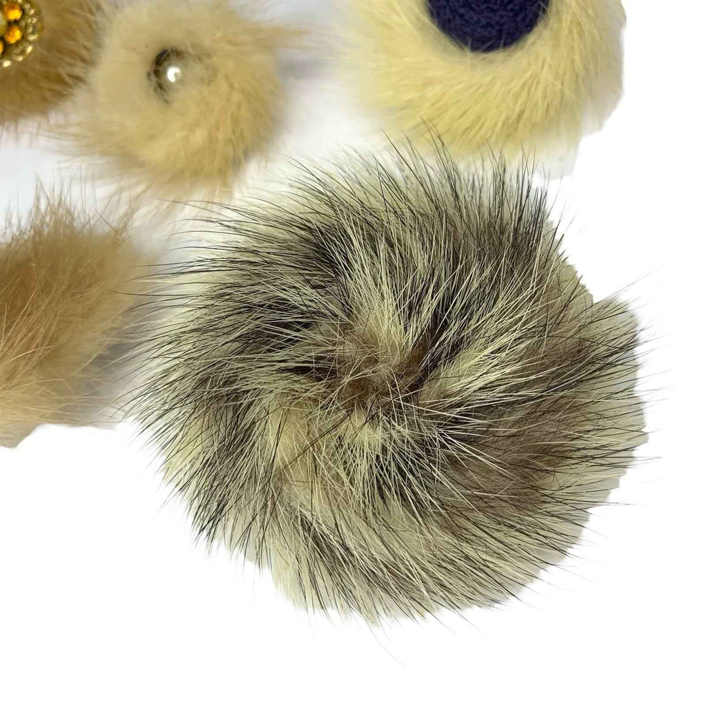 Vintage 5x Round Mink Fur Brooches - Rhinestone Detail Various Colours