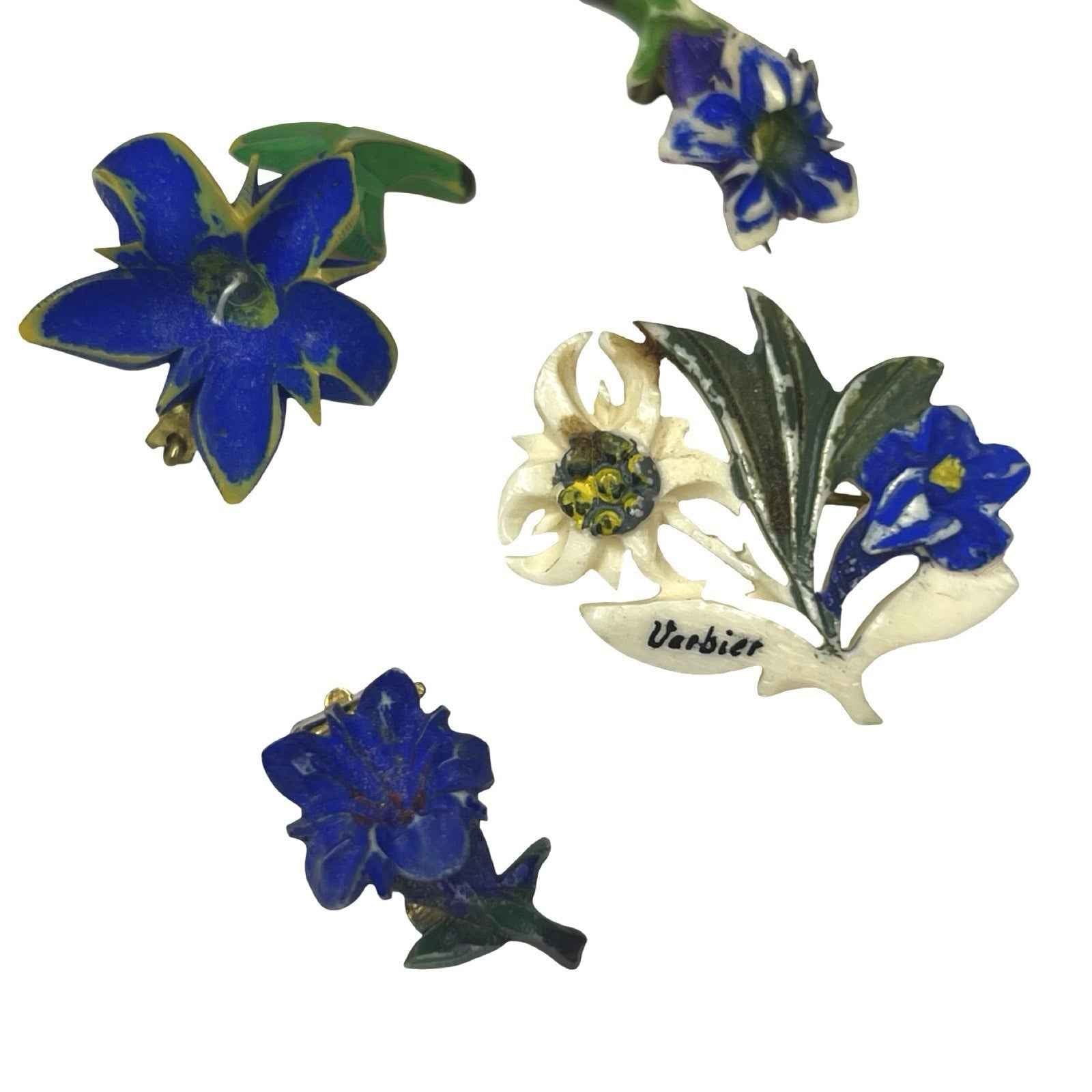Vintage Floral Jewellery Lot Hand Painted Celluloid Flower Brooches Ear Clips