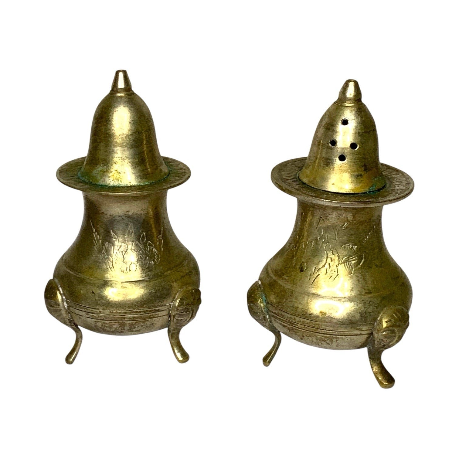 Antique Vintage Decorative EPNS Brass Footed Salt & Pepper Pots Shakers Salt & Pepper Cellars/Shakers by TheVoyageBird