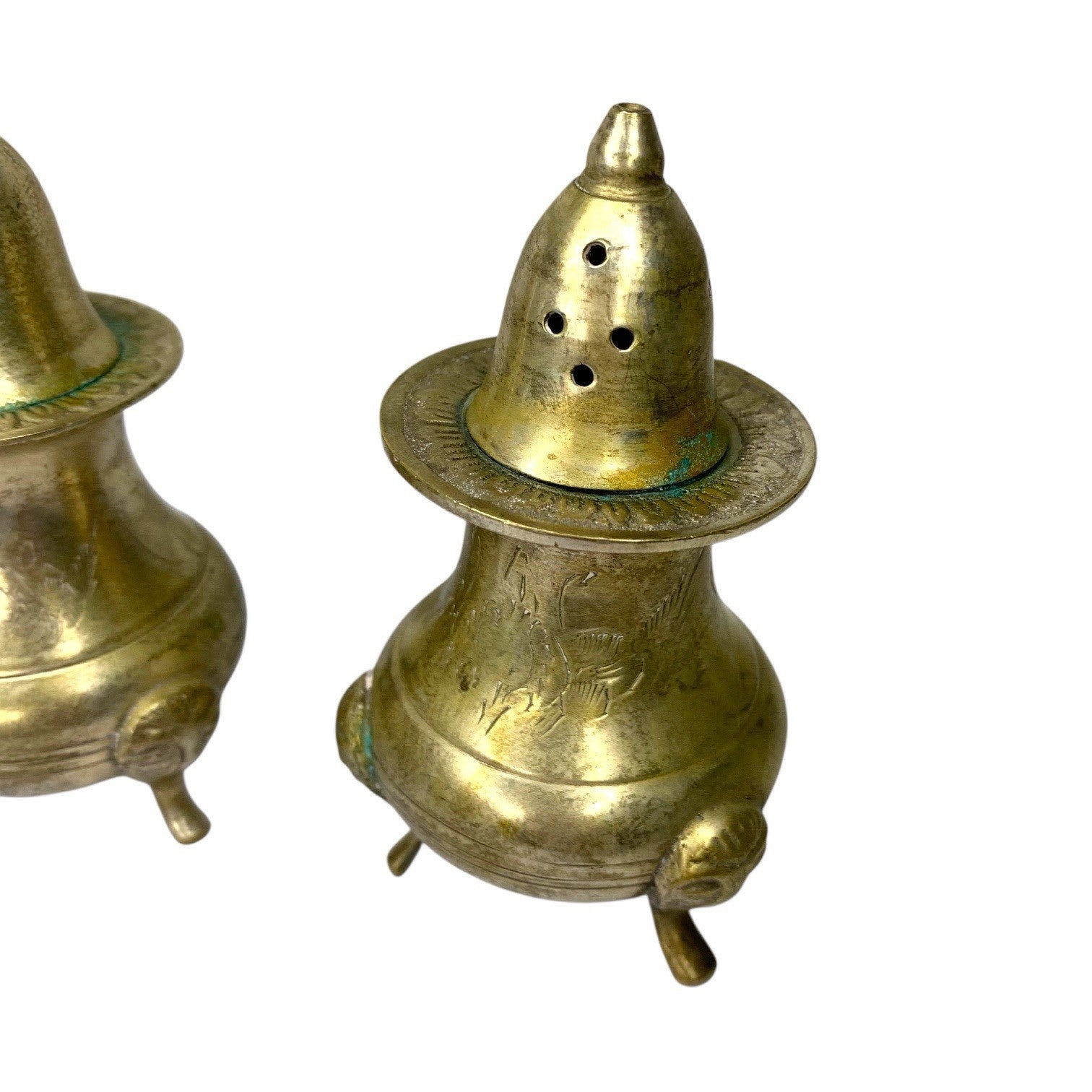 Antique Vintage Decorative EPNS Brass Footed Salt & Pepper Pots Shakers Salt & Pepper Cellars/Shakers by TheVoyageBird