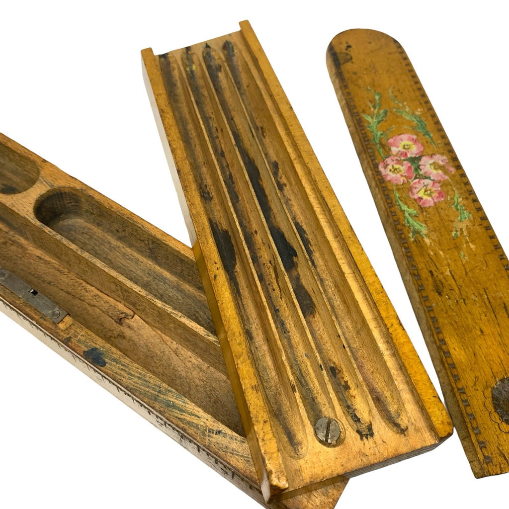 Antique Wooden Pencil Box 2 Layers Mid 19th Century With Floral Design Other Writing Equipment by TheVoyageBird