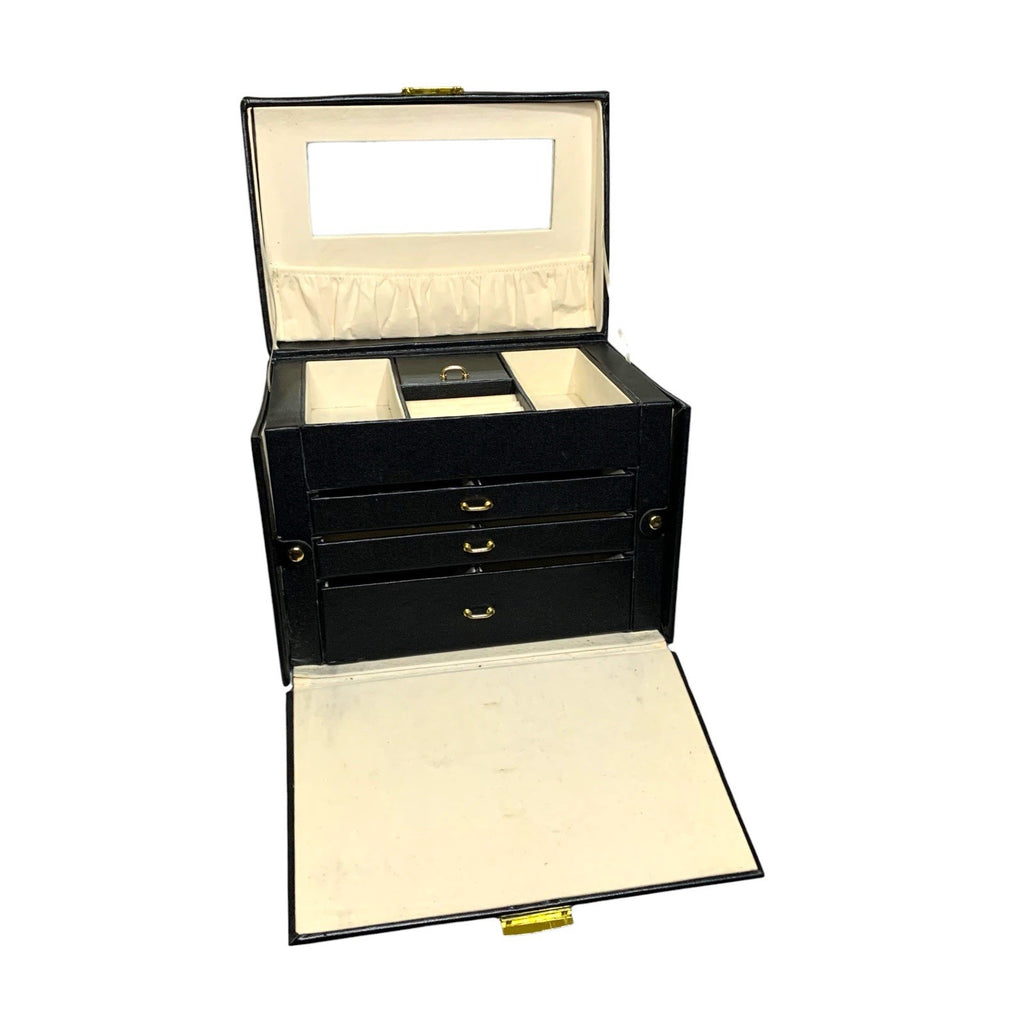 Black Faux Leather Jewellery Box 3 Drawer Storage Mirror Brass Handles Large Jewellery Boxes by TheVoyageBird