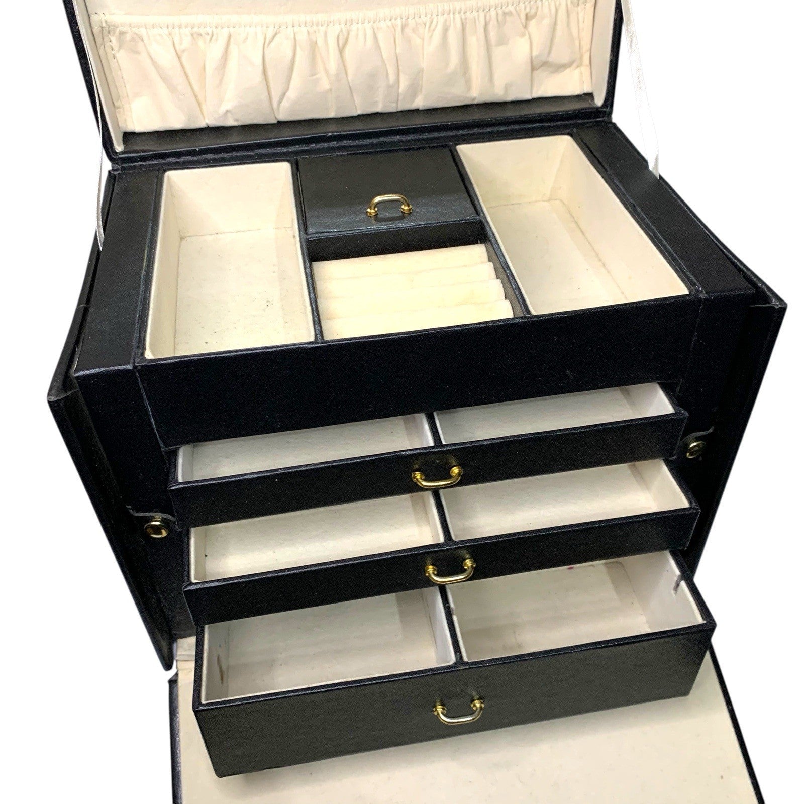Black Faux Leather Jewellery Box 3 Drawer Storage Mirror Brass Handles Large Jewellery Boxes by TheVoyageBird