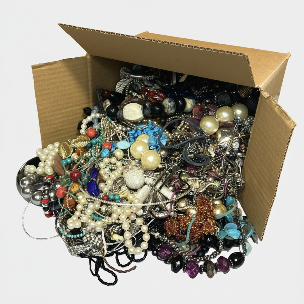 A large assortment of mixed jewelry, including pearl strands, beaded necklaces, bracelets, and earrings, piled out of an open brown cardboard box on a white background.