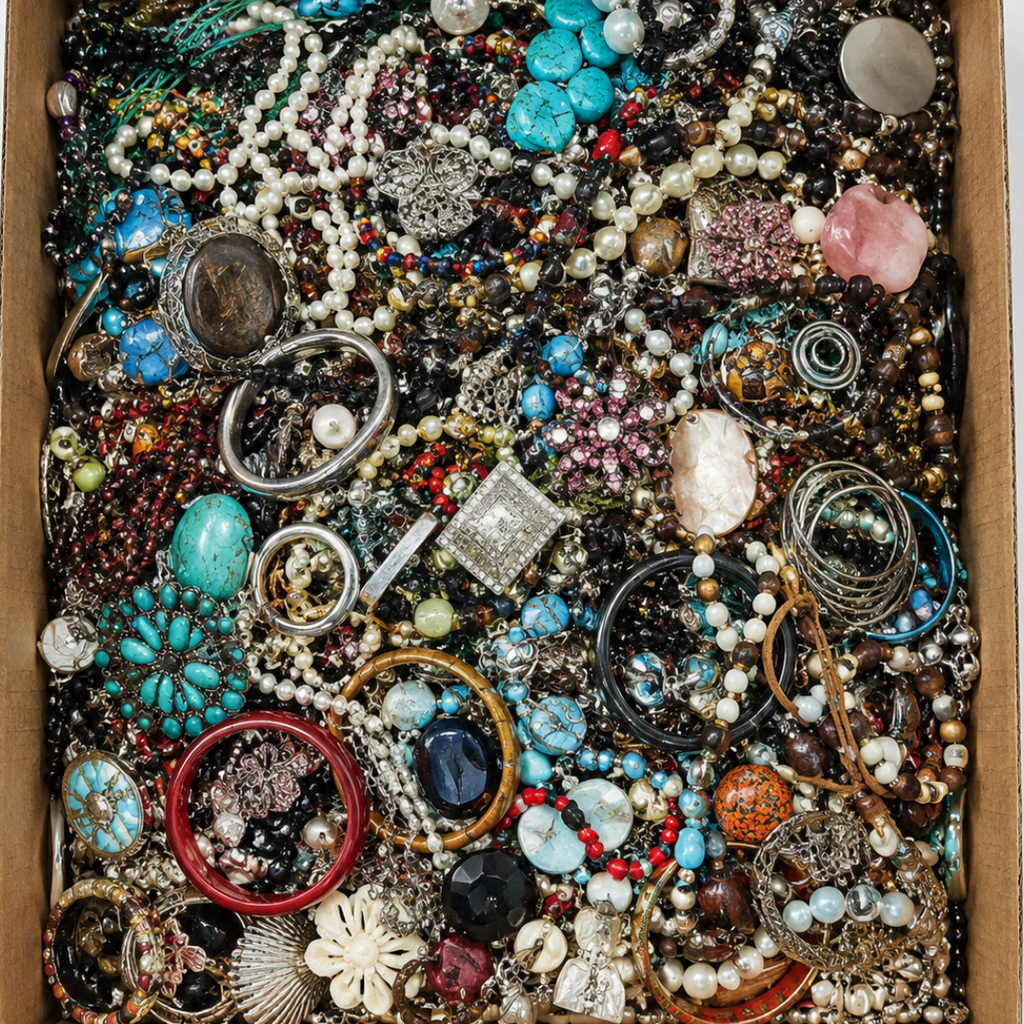 A dense assortment of mixed jewelry pieces, including necklaces, bracelets, rings, and earrings, packed tightly inside a cardboard box. The collection features many different colors and materials, such as turquoise, pearls, silver, gold, red, and black.