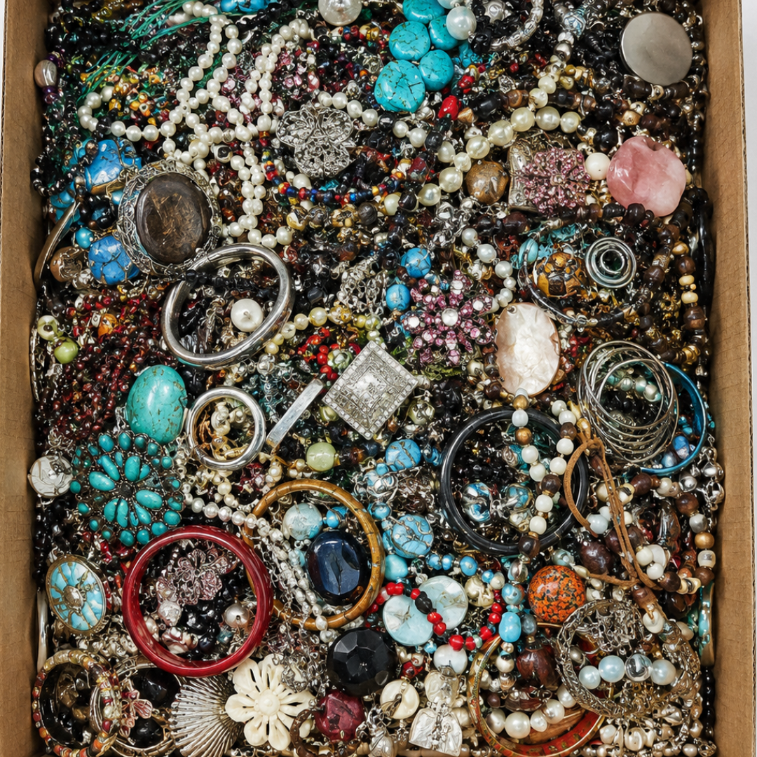 A dense assortment of mixed jewelry pieces, including necklaces, bracelets, rings, and earrings, packed tightly inside a cardboard box. The collection features many different colors and materials, such as turquoise, pearls, silver, gold, red, and black.
