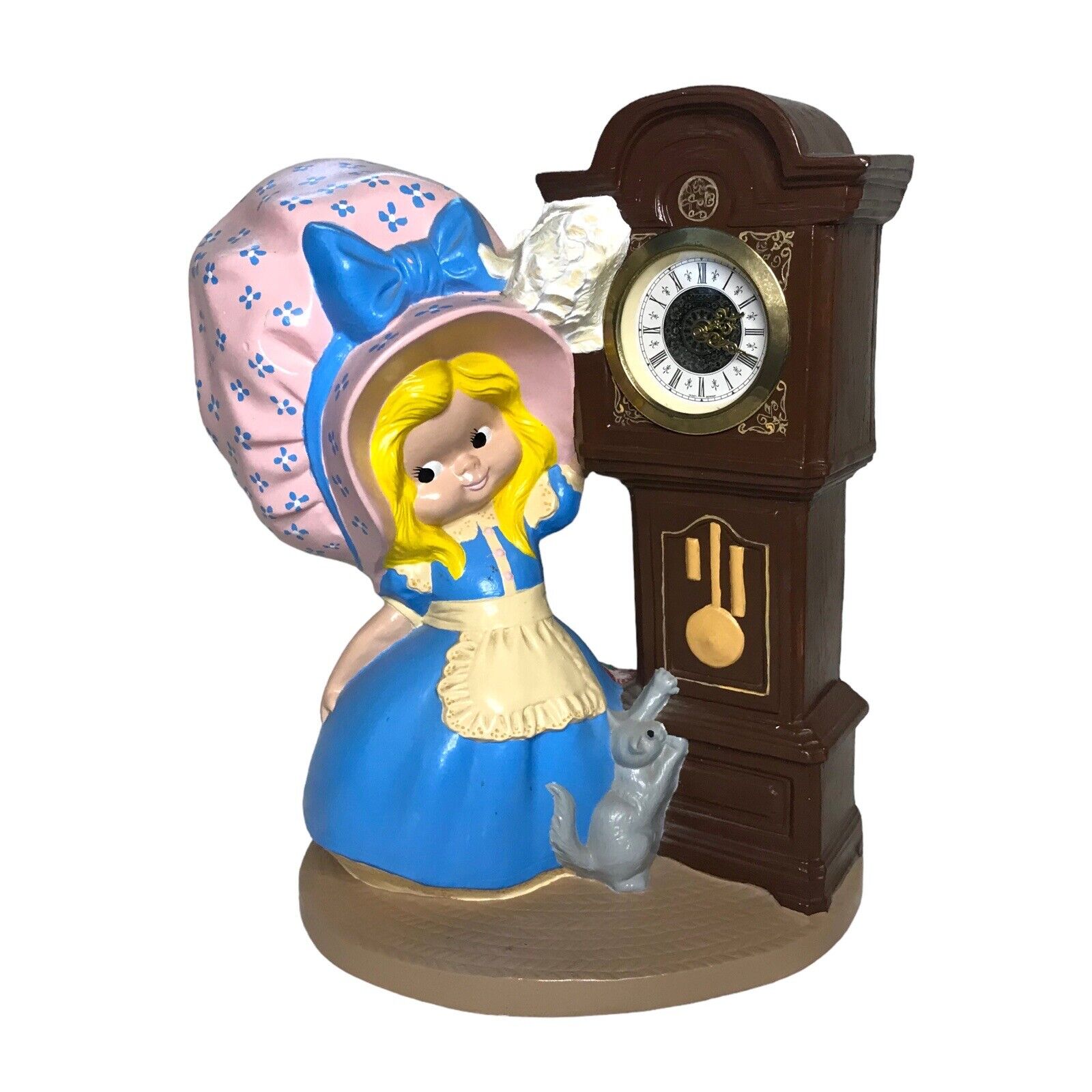 Byron Molds Girl With Bonnet And Cat with Wind Up Grandfather Clock West Germany Pre-1900 by TheVoyageBird