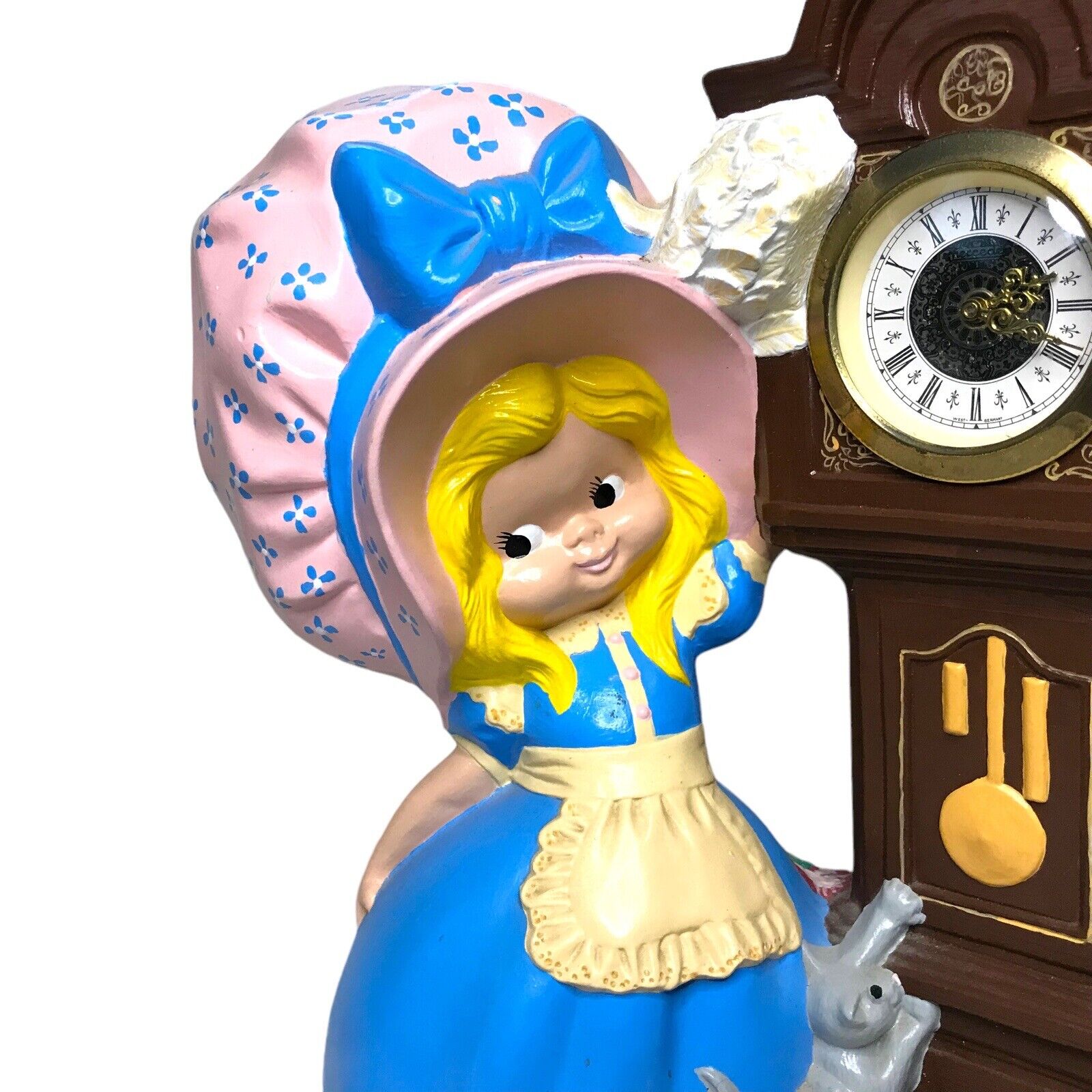 Byron Molds Girl With Bonnet And Cat with Wind Up Grandfather Clock West Germany Pre-1900 by TheVoyageBird