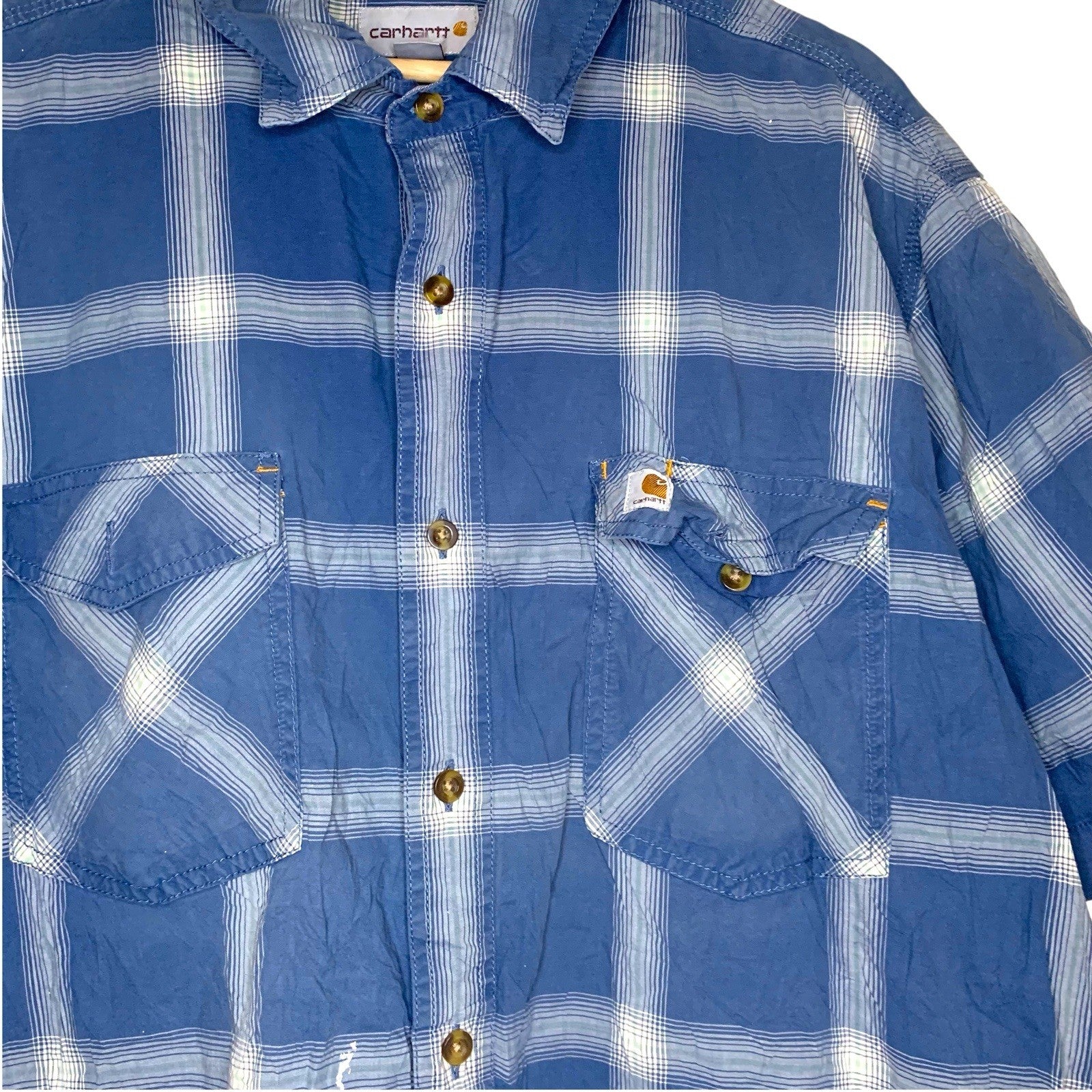 Carhartt Blue Plaid Long Sleeve Shirt Size XL - Relaxed Fit Button Up Workwear UK Casual Shirts & Tops by TheVoyageBird