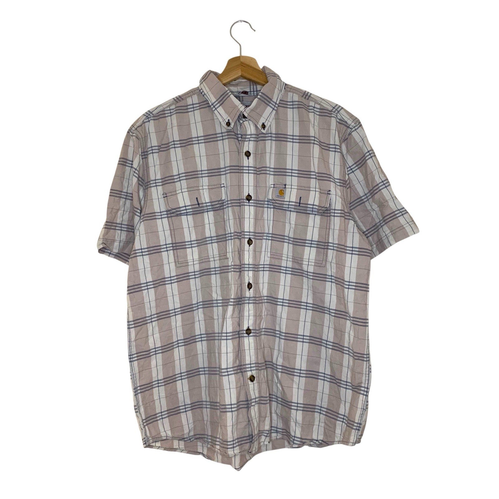 Carhartt Men’s Shirt L Beige Plaid Short Sleeve Button Up Original Fit Workwear Casual Shirts & Tops by TheVoyageBird