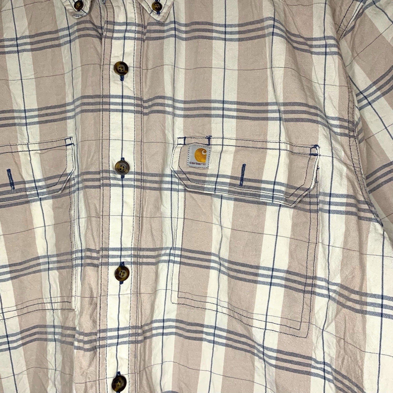 Carhartt Men’s Shirt L Beige Plaid Short Sleeve Button Up Original Fit Workwear Casual Shirts & Tops by TheVoyageBird