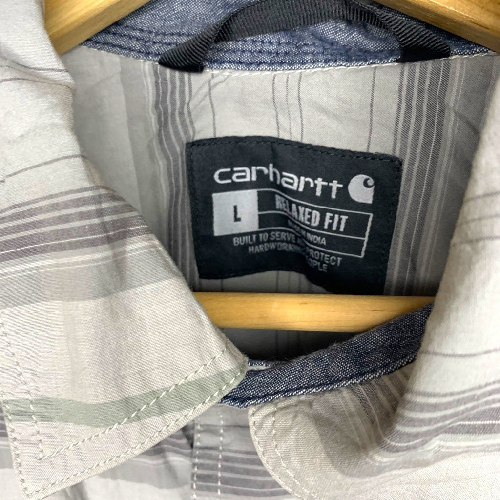 Carhartt Men's Shirt L Grey Striped Short Sleeve Button Up Relaxed Fit Workwear Casual Shirts & Tops by TheVoyageBird