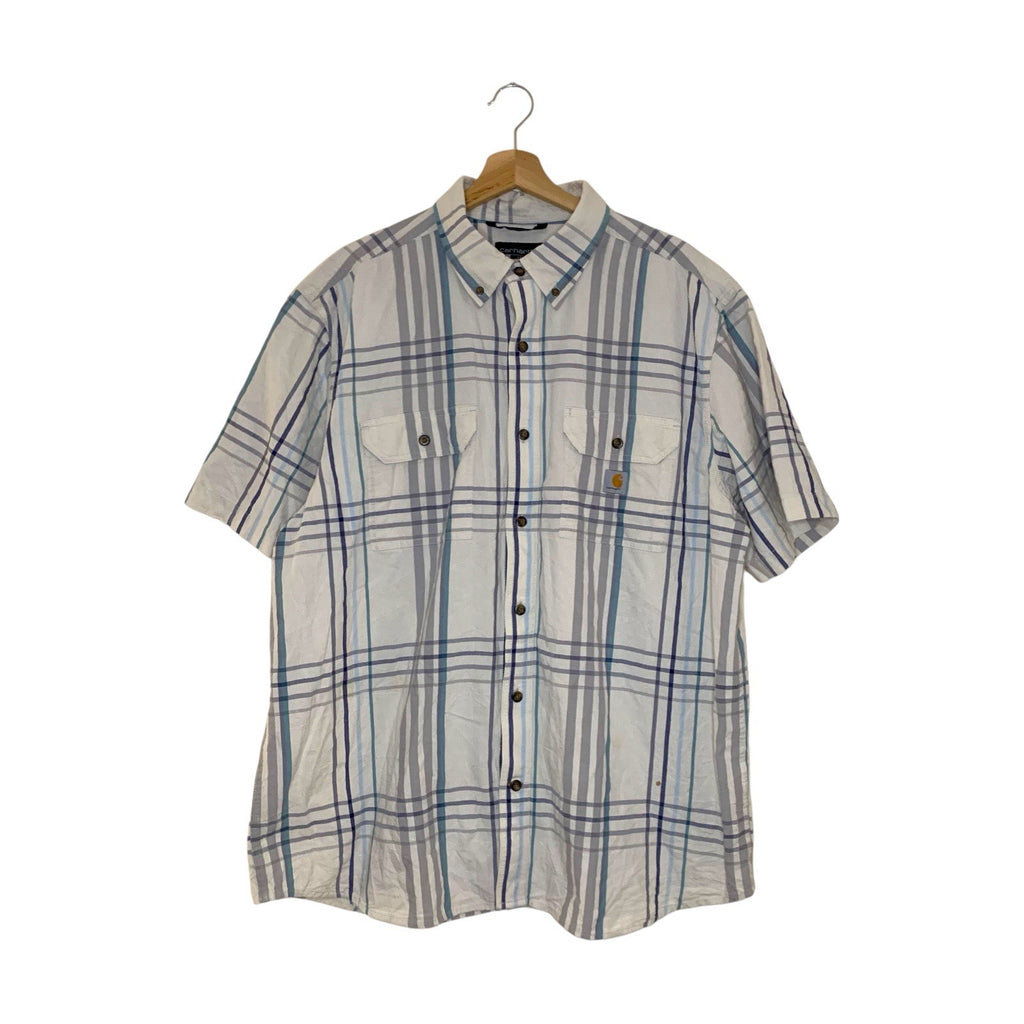 Carhartt Men's Shirt XL Blue Beige Plaid Short Sleeve Button Up Loose Fit Workwe Casual Shirts & Tops by TheVoyageBird