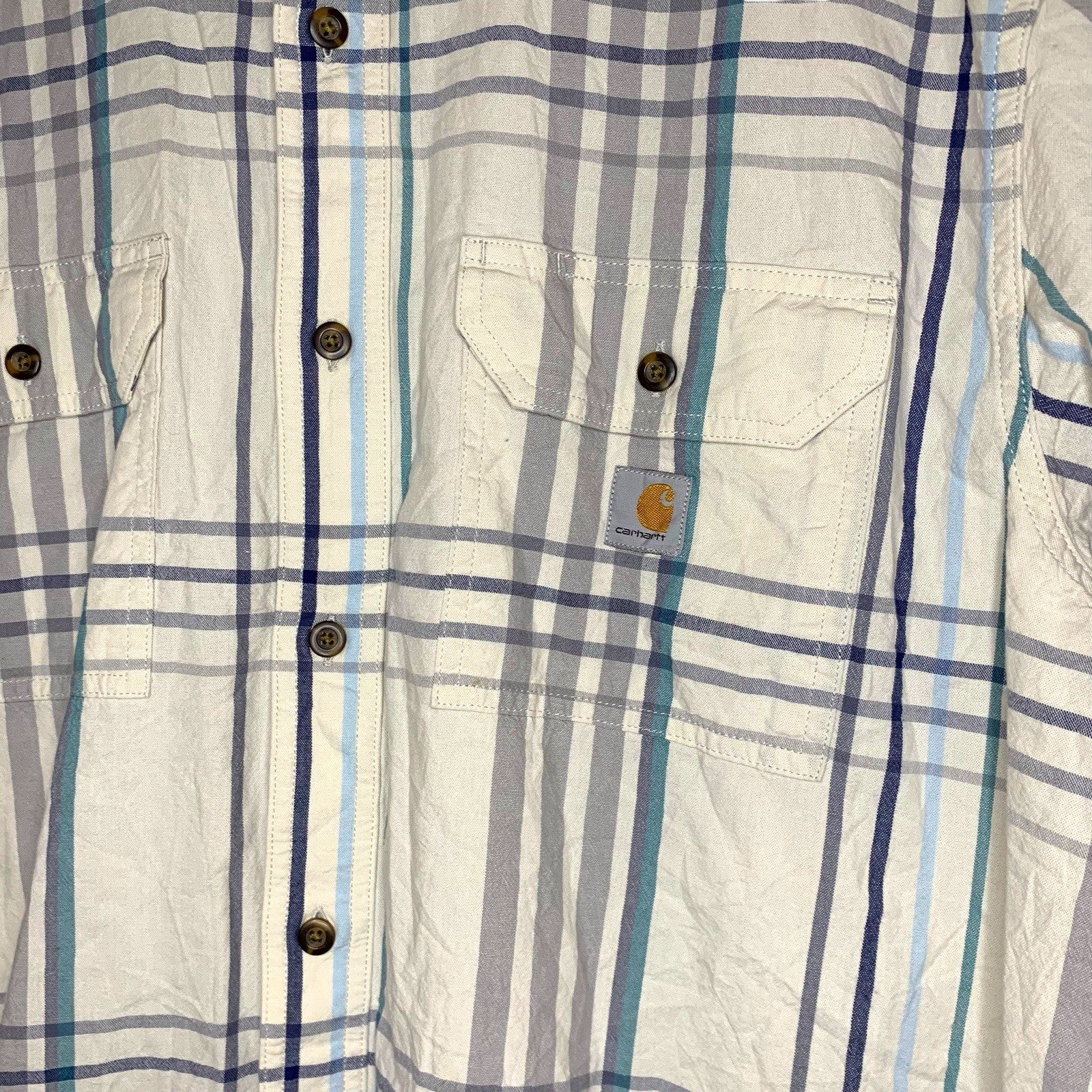 Carhartt Men's Shirt XL Blue Beige Plaid Short Sleeve Button Up Loose Fit Workwe Casual Shirts & Tops by TheVoyageBird