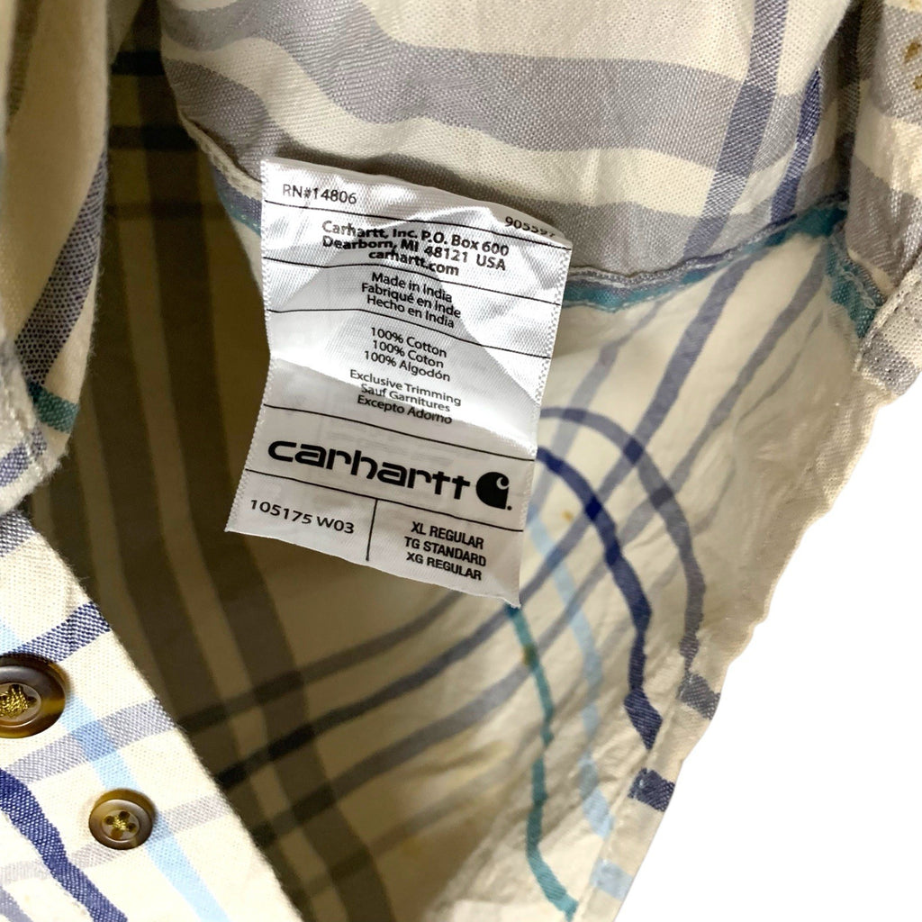 Carhartt Men's Shirt XL Blue Beige Plaid Short Sleeve Button Up Loose Fit Workwe Casual Shirts & Tops by TheVoyageBird