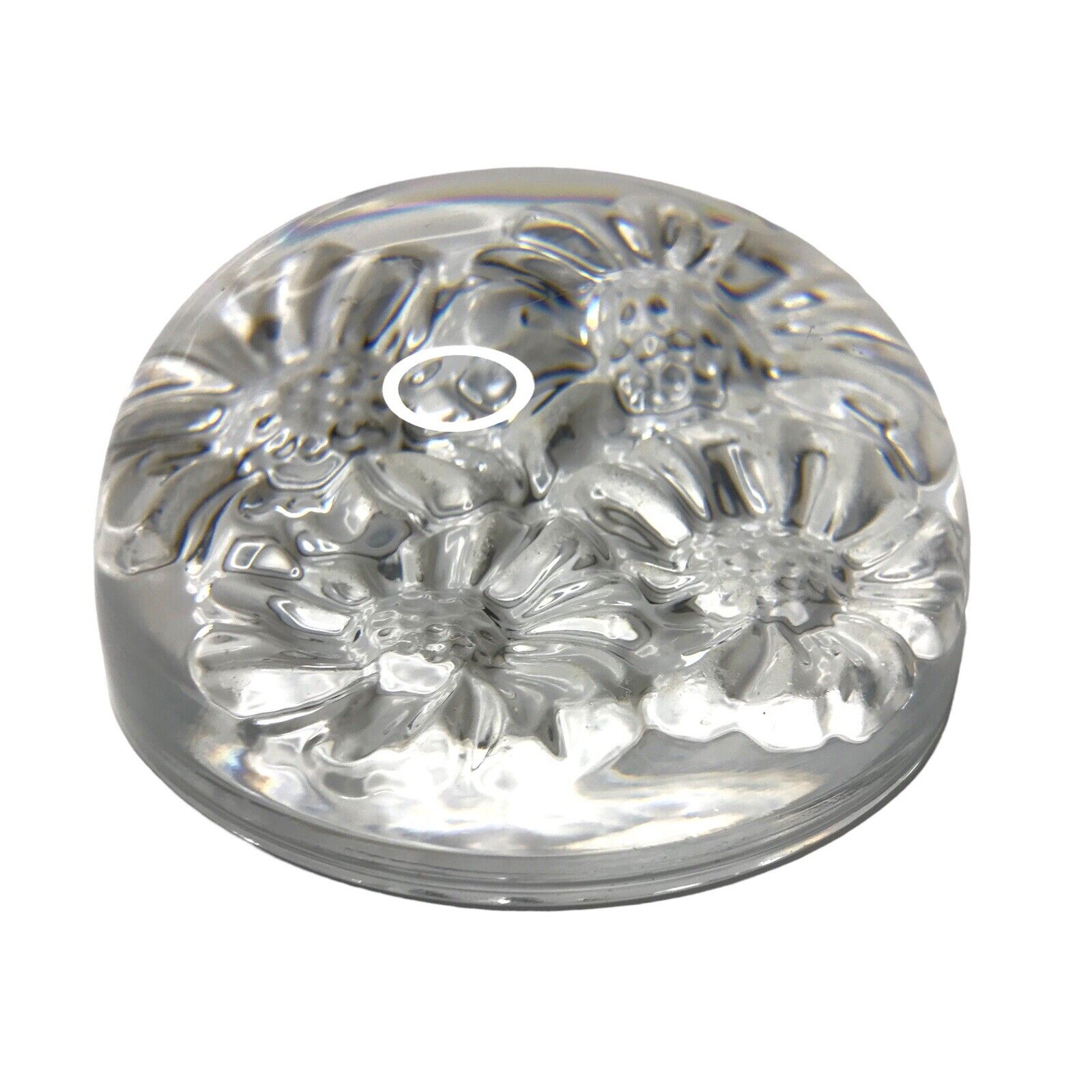Clear Crystal Paperweight With Flower Daisy Art Glass Semi Circle Flat Base Dome by TheVoyageBird