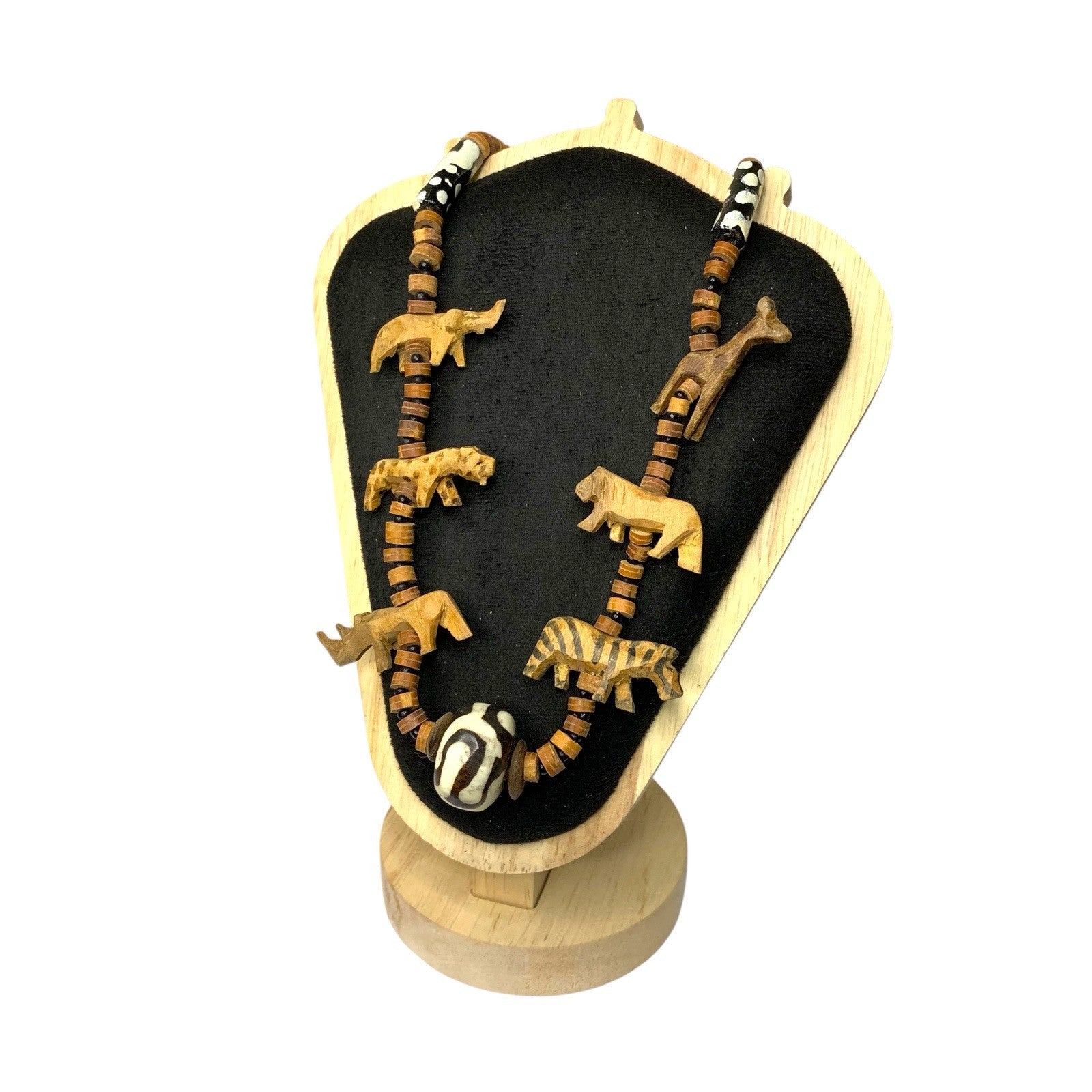 Hand Carved African Wild Safari Animal Wood Beaded Necklace Vintage Tiger Zebra African by TheVoyageBird