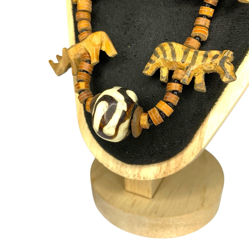 Hand Carved African Wild Safari Animal Wood Beaded Necklace Vintage Tiger Zebra African by TheVoyageBird